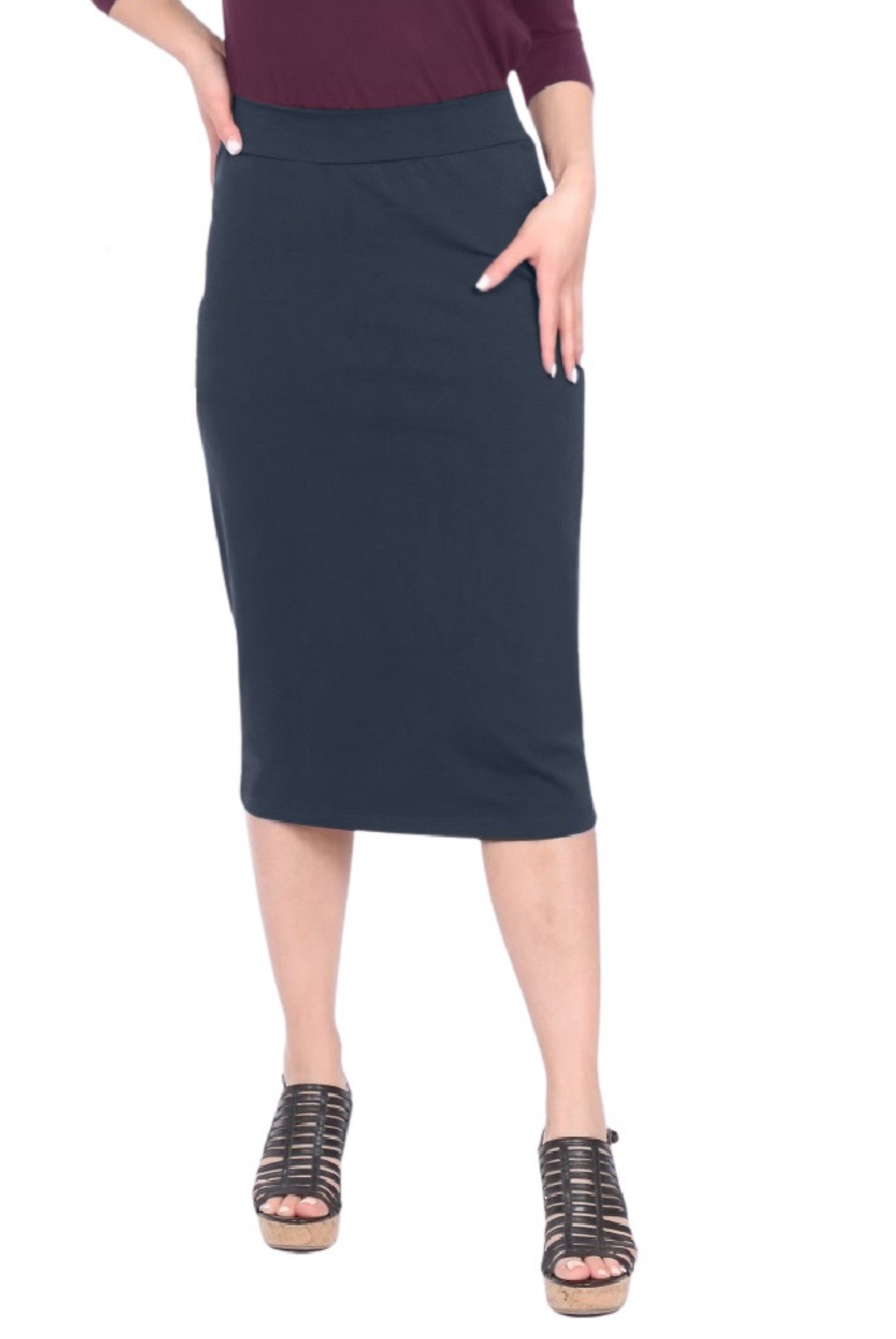Mid-Calf Pencil Skirt in Cotton Spandex – No Slits