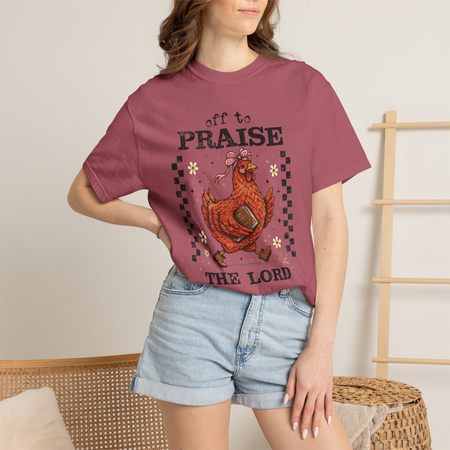 Praise the Lord Chicken T-Shirt — 'Off to Praise the Lord' Vintage Farmhouse Tee