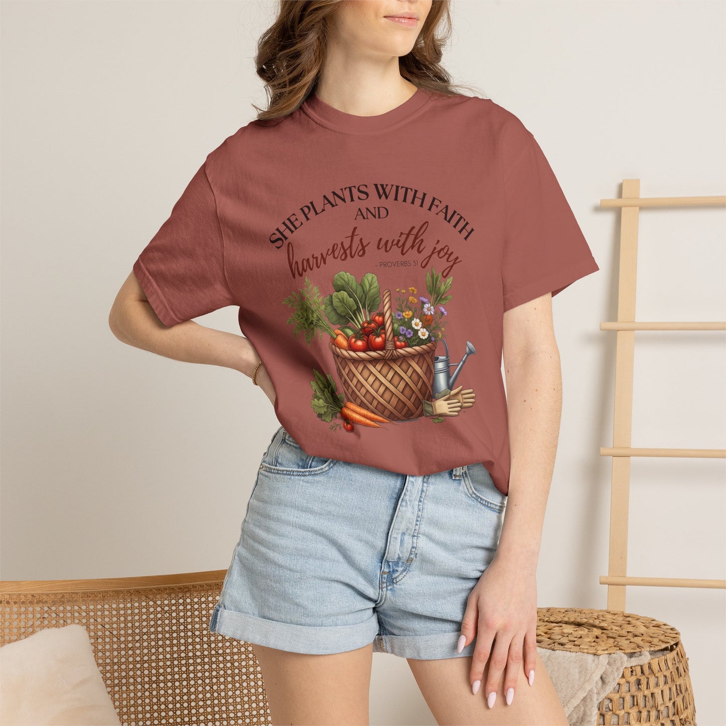 She Plants With Faith Garden T‑Shirt — Harvests With Joy Floral Basket Tee