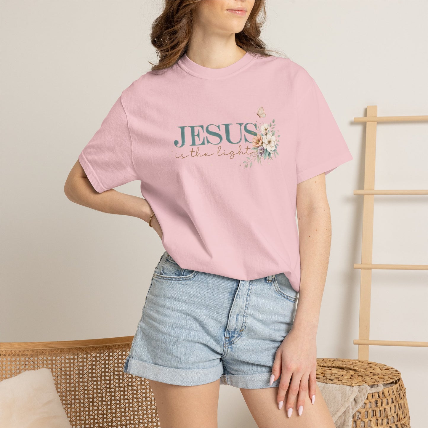 Jesus Is the Light T-Shirt — Floral Cross Christian Tee (Walking in Faith)