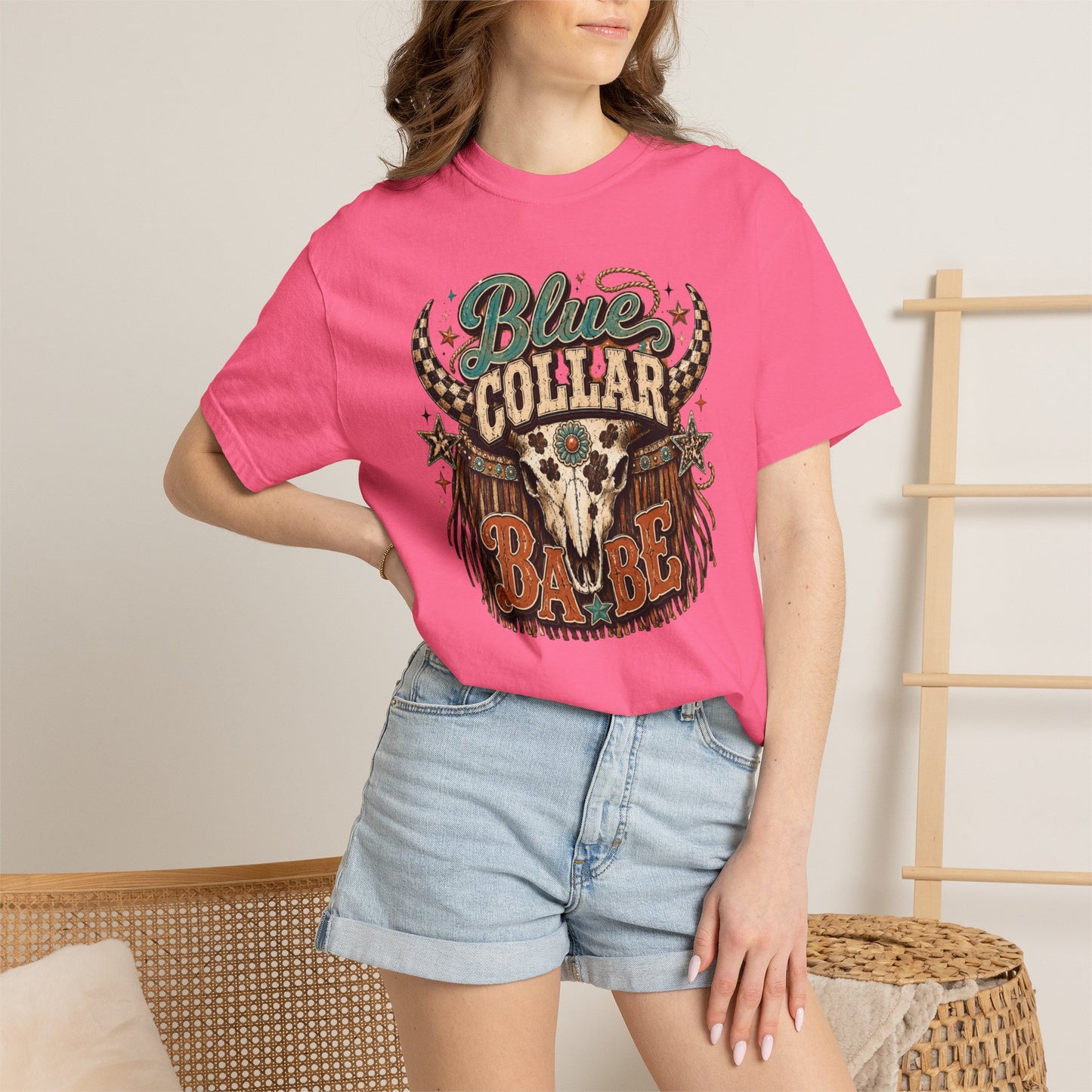 Blue Collar Babe Graphic T-Shirt — Western Skull Cowgirl Tee