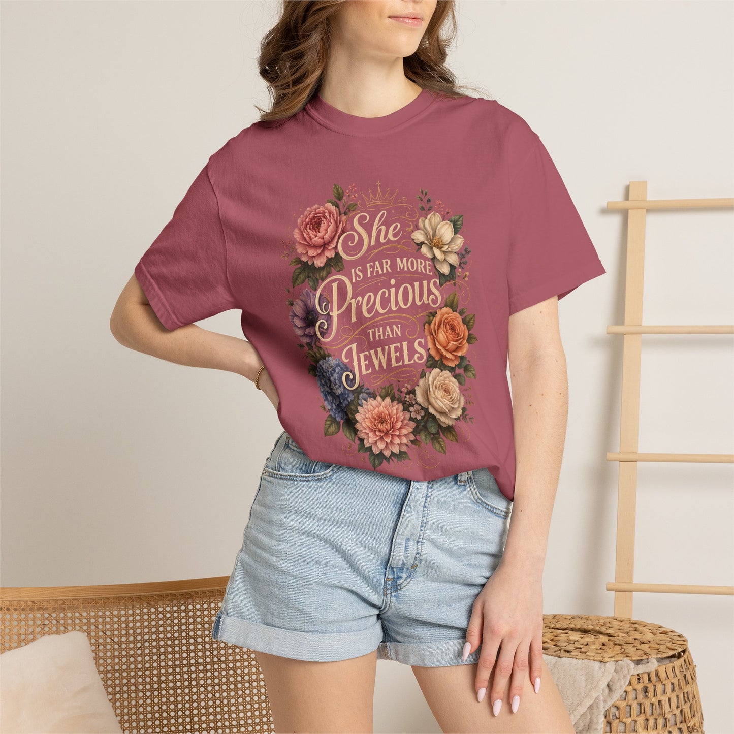 T-Shirt — “She Is Far More Precious Than Jewels” Floral Inspirational Tee