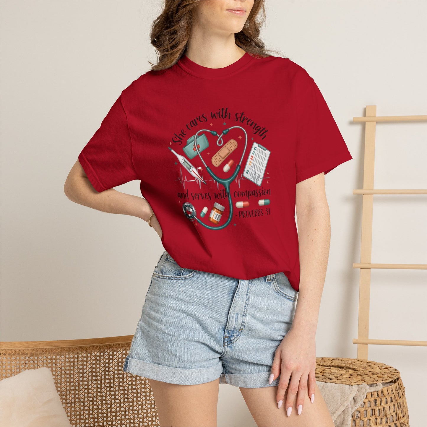 Nurse Heartbeat Graphic T-Shirt — "She Cares with Strength" Psalm 31 Christian Tee