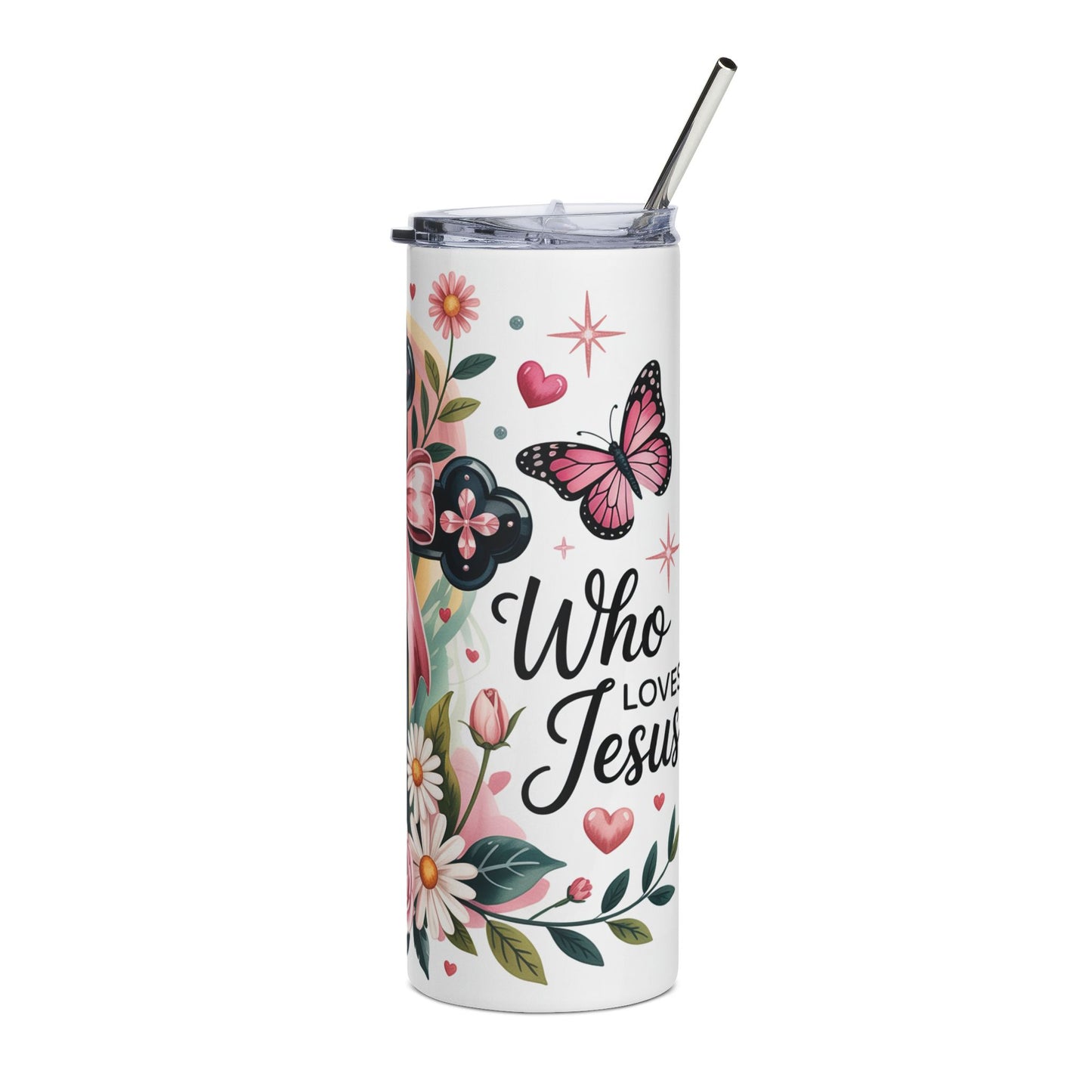 20oz Stainless Tumbler — 'Just a Girl' Floral Cross & Butterfly Design