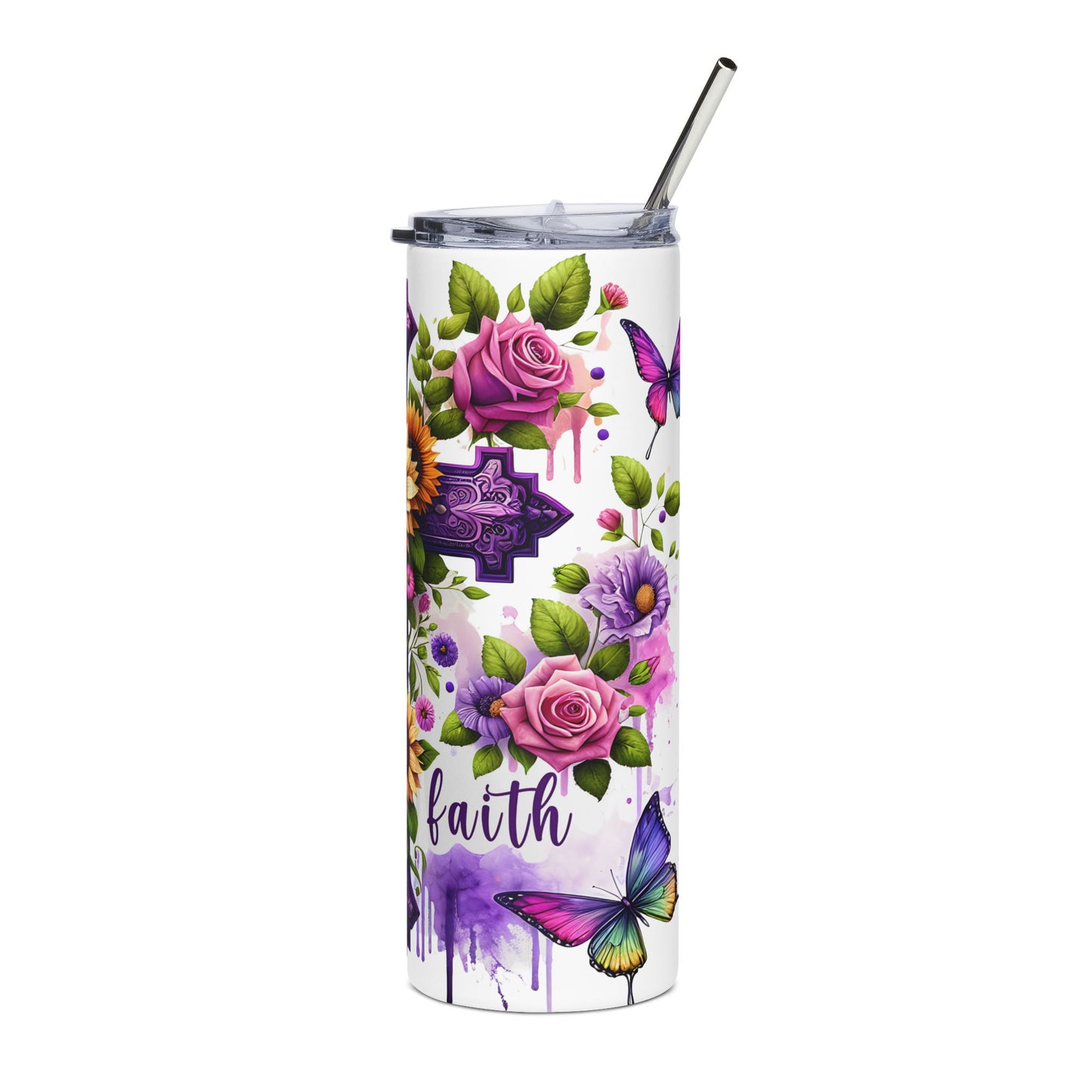 20oz Floral Cross Stainless Steel Tumbler with Sunflowers & Butterflies