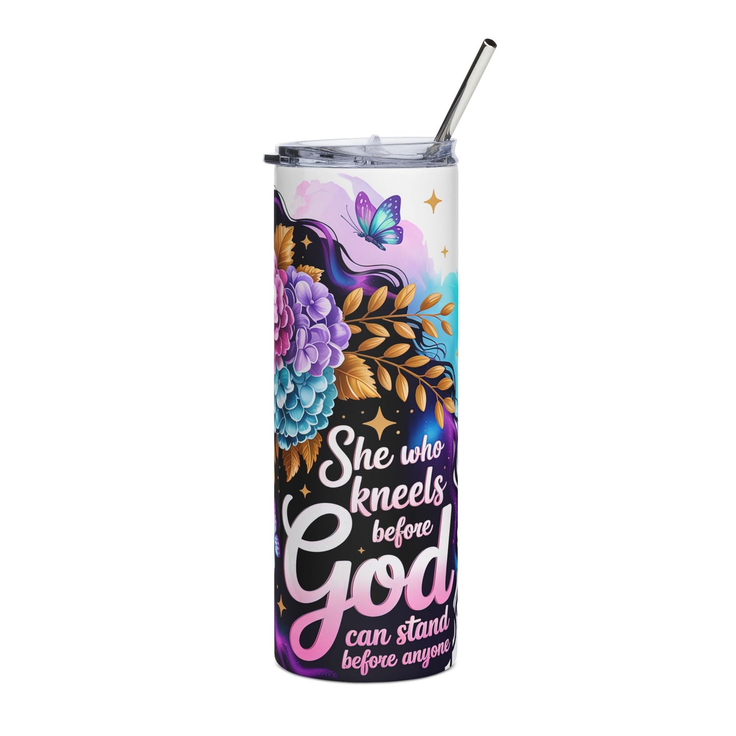 20oz Stainless Steel Tumbler — Floral Afrocentric Woman Design, Butterfly & Cross Travel Cup