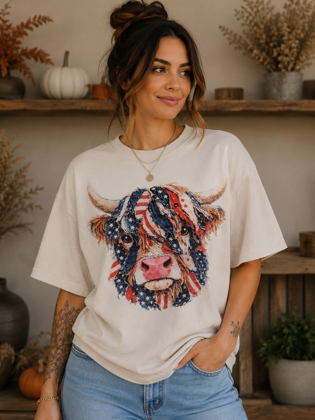 Pre-Order Patriotic Highland Cow Graphic Tee | Americana Western Cow Shirt
