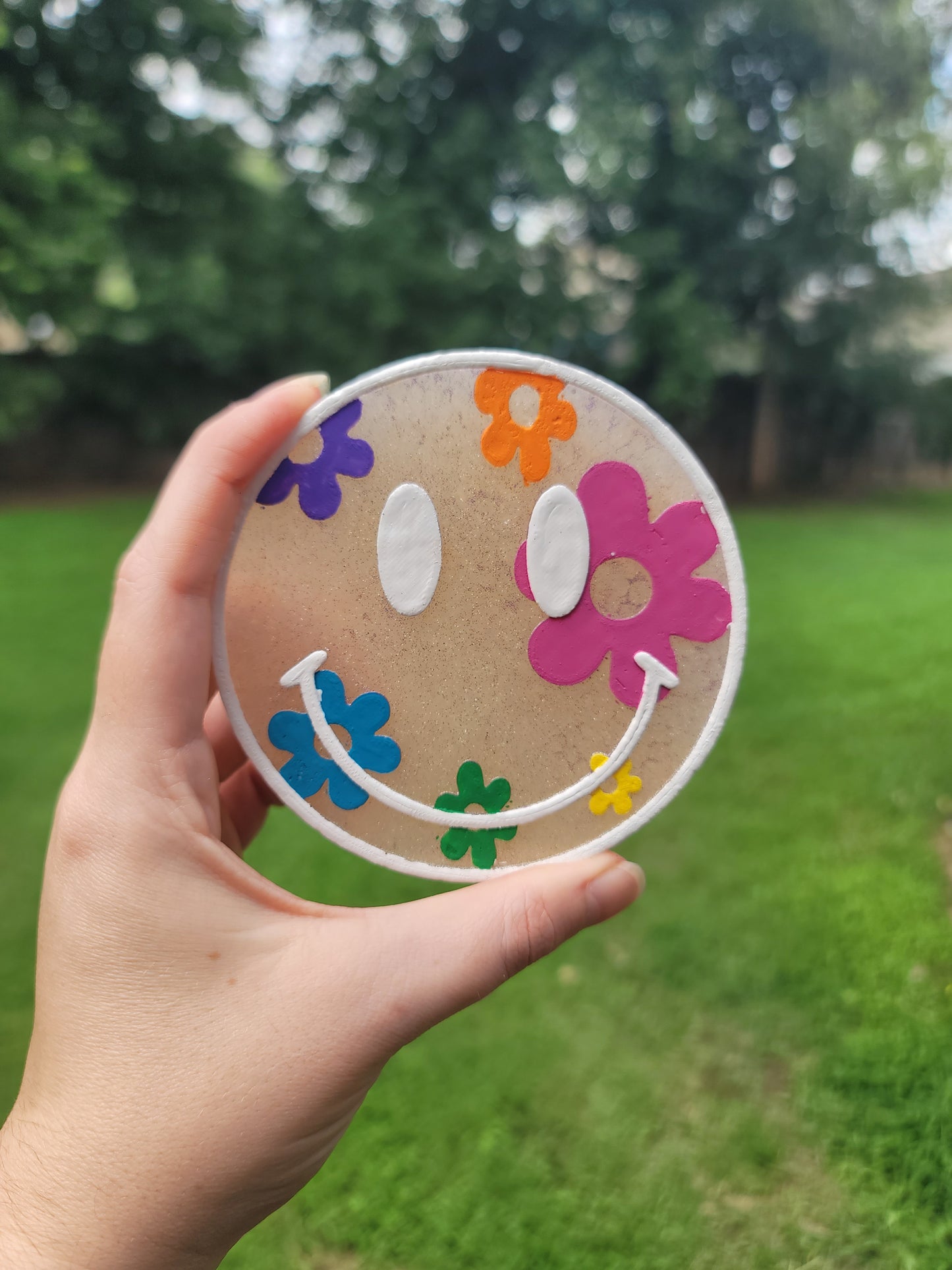 Retro Flower Smiley Freshie – Butterscotch Bourbon Scent | Boho Car Freshener