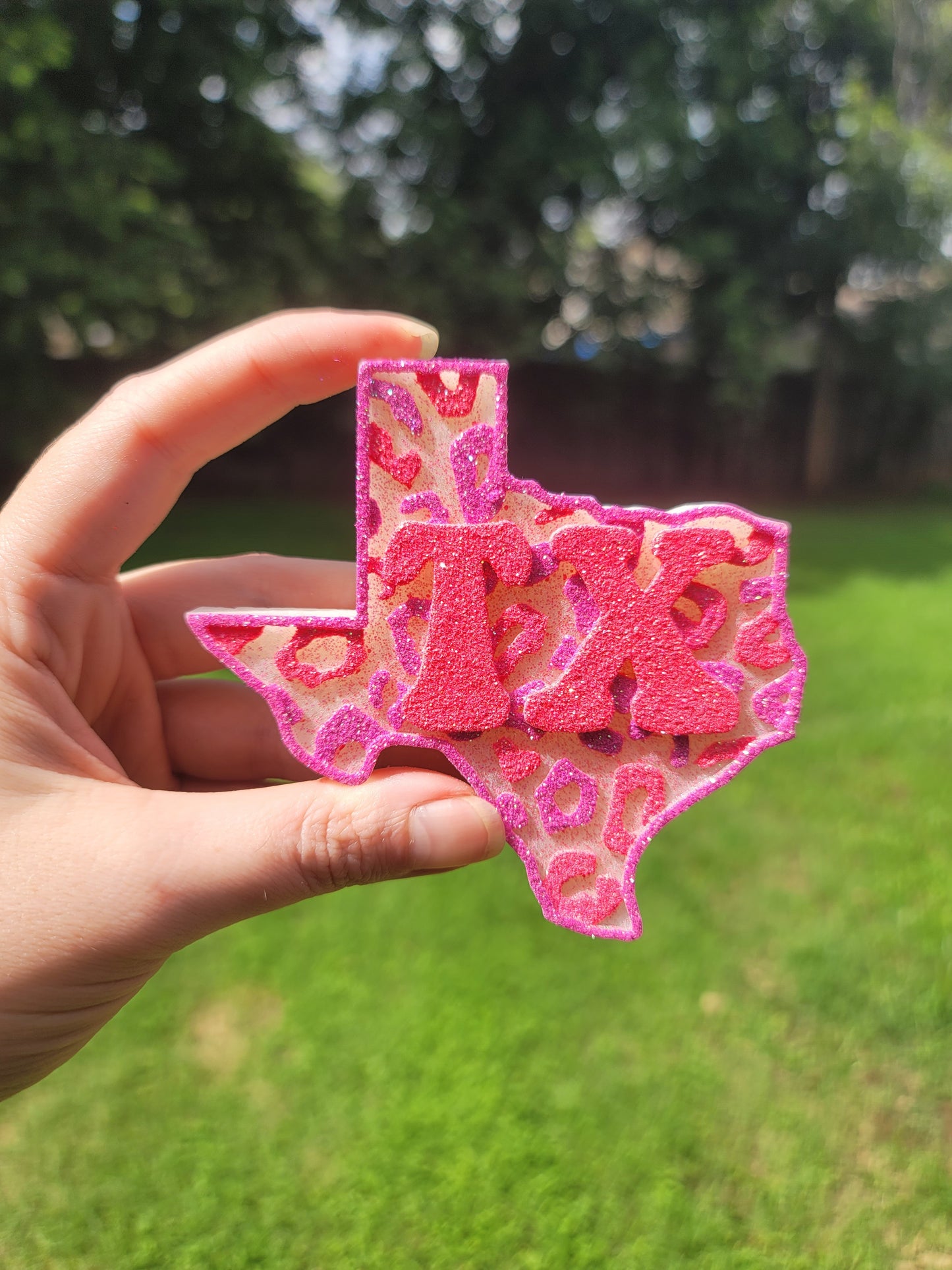 Texas Leopard Print Freshie – Graphite Scent | Pink Glitter Texas Car Freshener