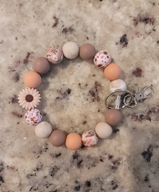 Neutral Daisy Beaded Silicone Wristlet Keychain
