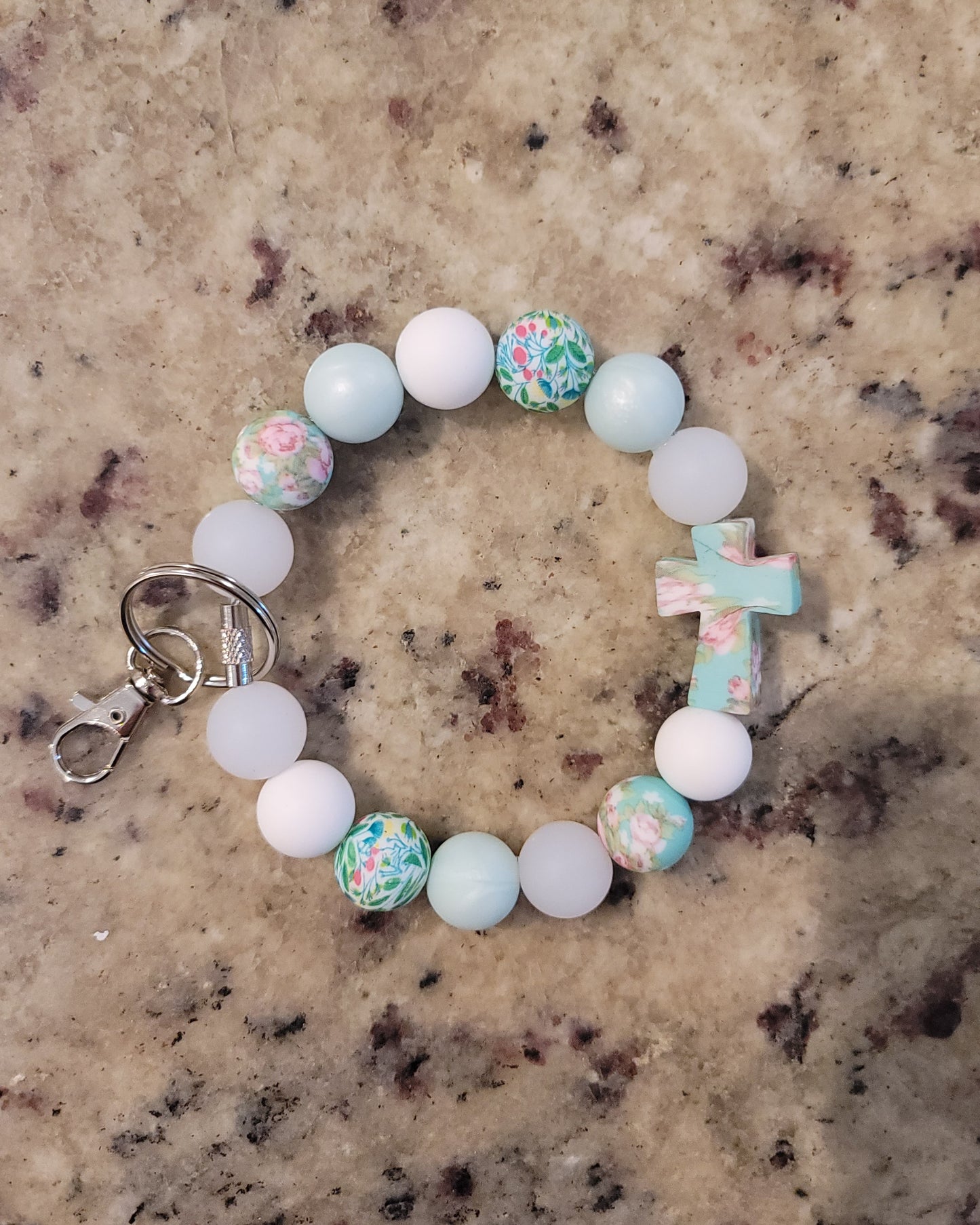 Floral Cross Silicone Beaded Wristlet Keychain