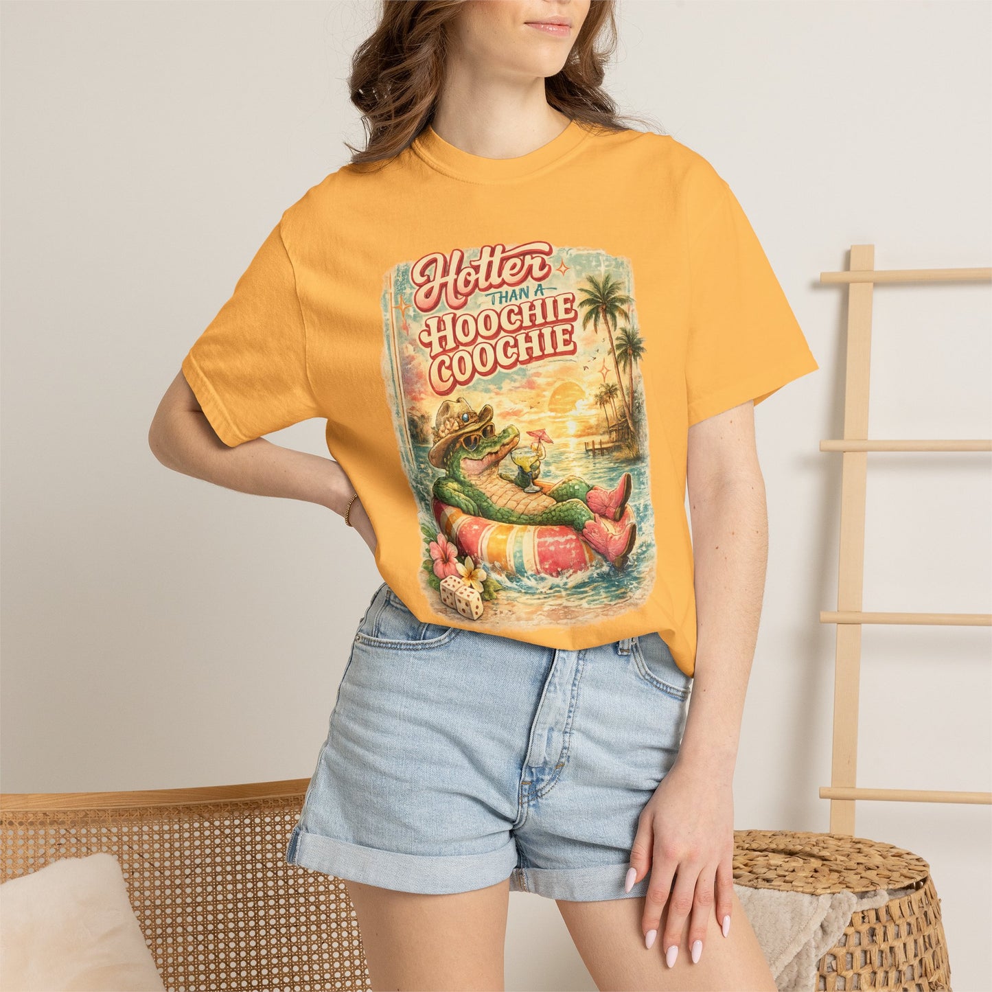 "Hotter Than a Hoochie Coochie" Retro Alligator Beach Graphic