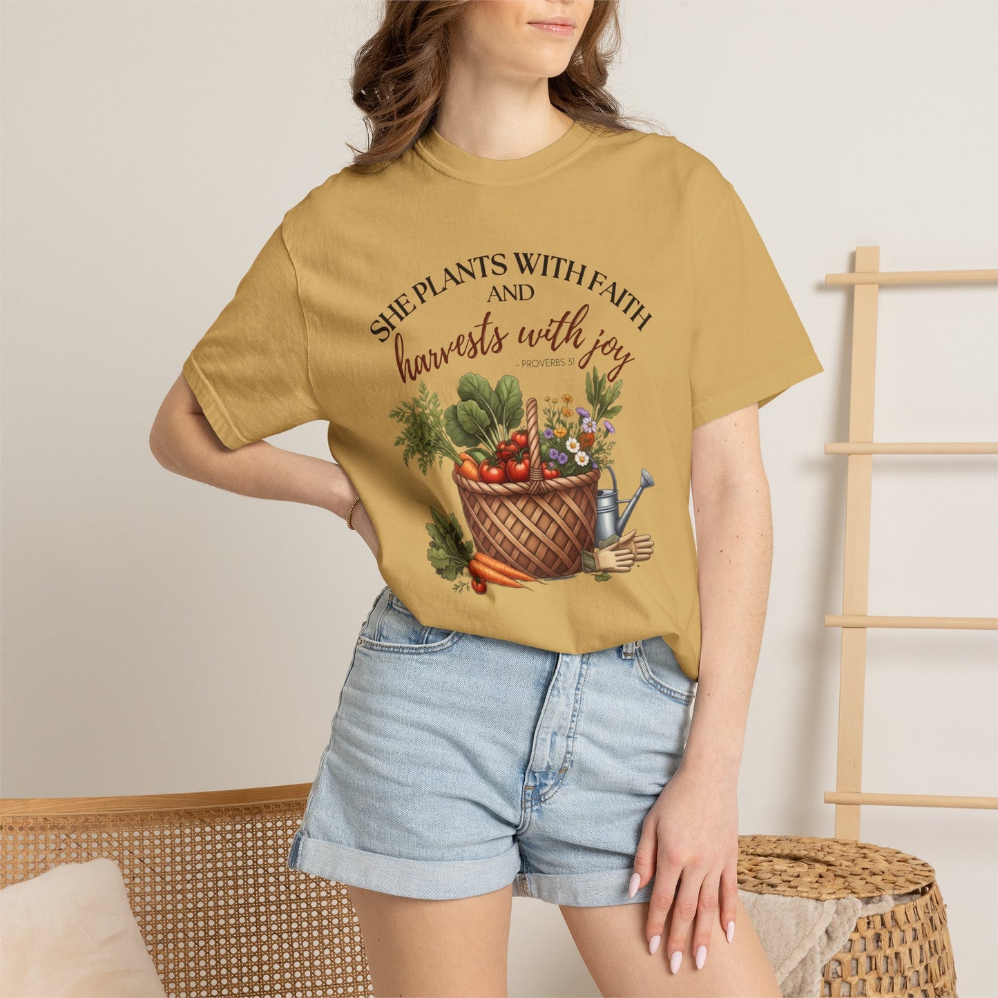 She Plants With Faith Garden T‑Shirt — Harvests With Joy Floral Basket Tee