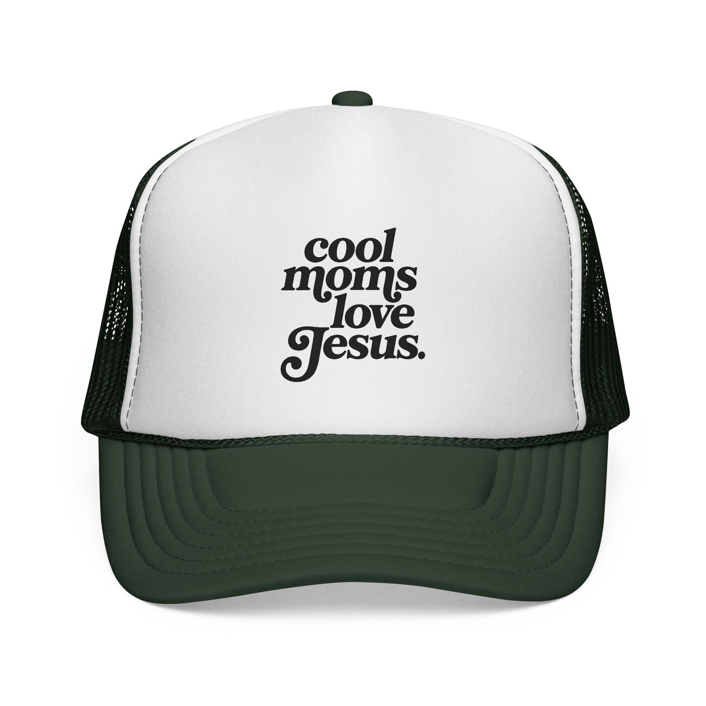 Trucker Cap — "Cool Moms Love Jesus" Retro Script Faith Hat