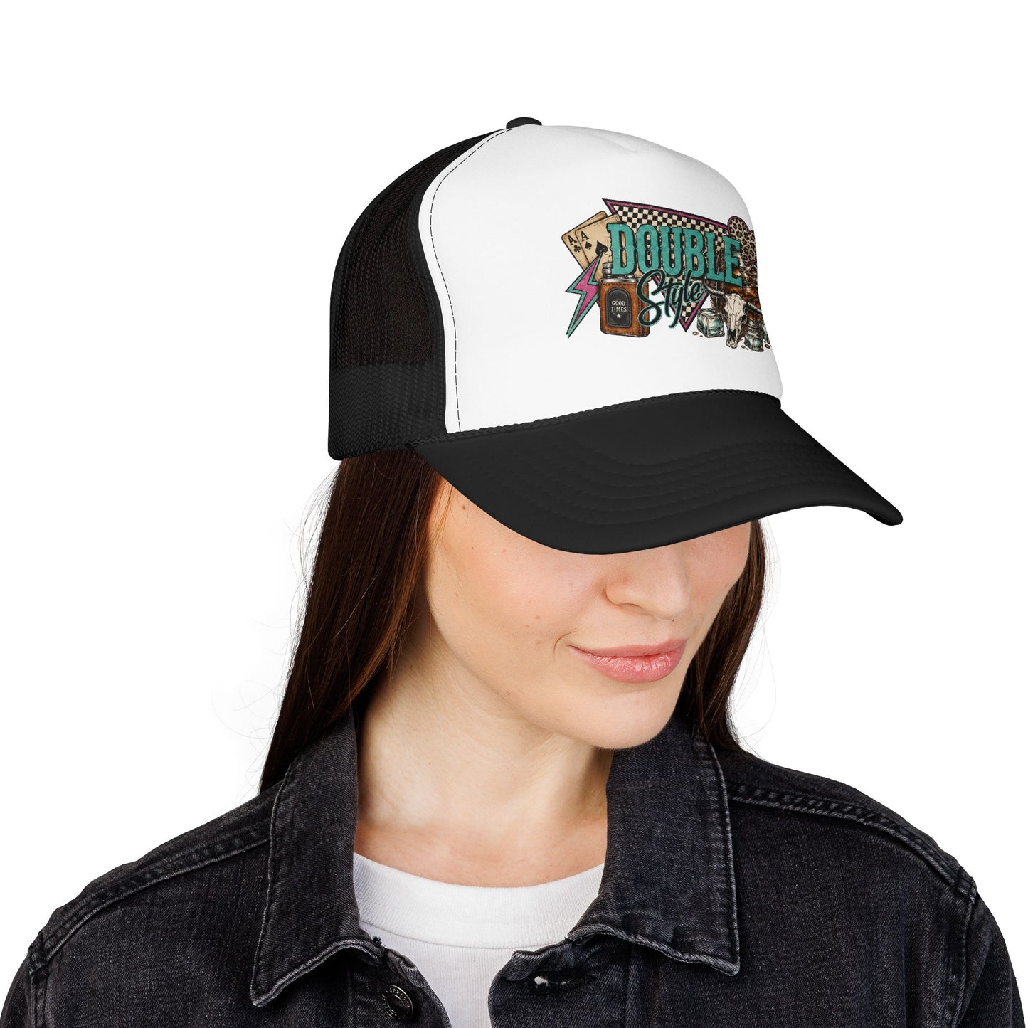 Double Shot Retro Foam Trucker Hat — Vintage Neon Coffee & Camera Patch