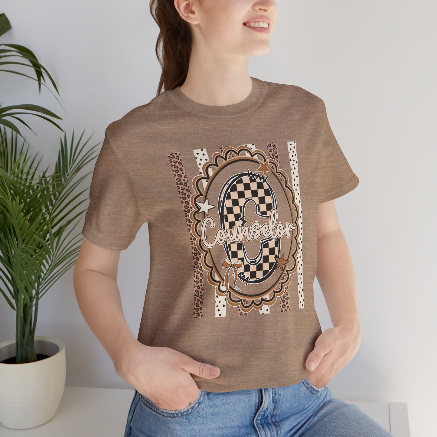 Counselor Tee — Retro Checkerboard & Leopard Print Graphic T-Shirt