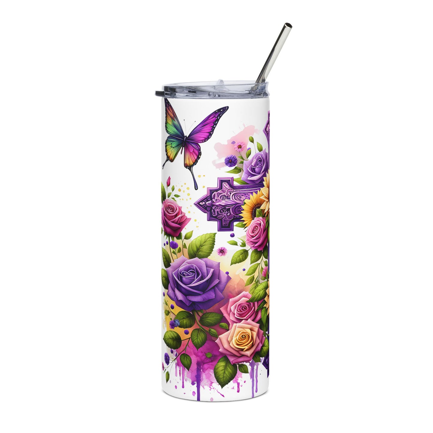 20oz Floral Cross Stainless Steel Tumbler with Sunflowers & Butterflies