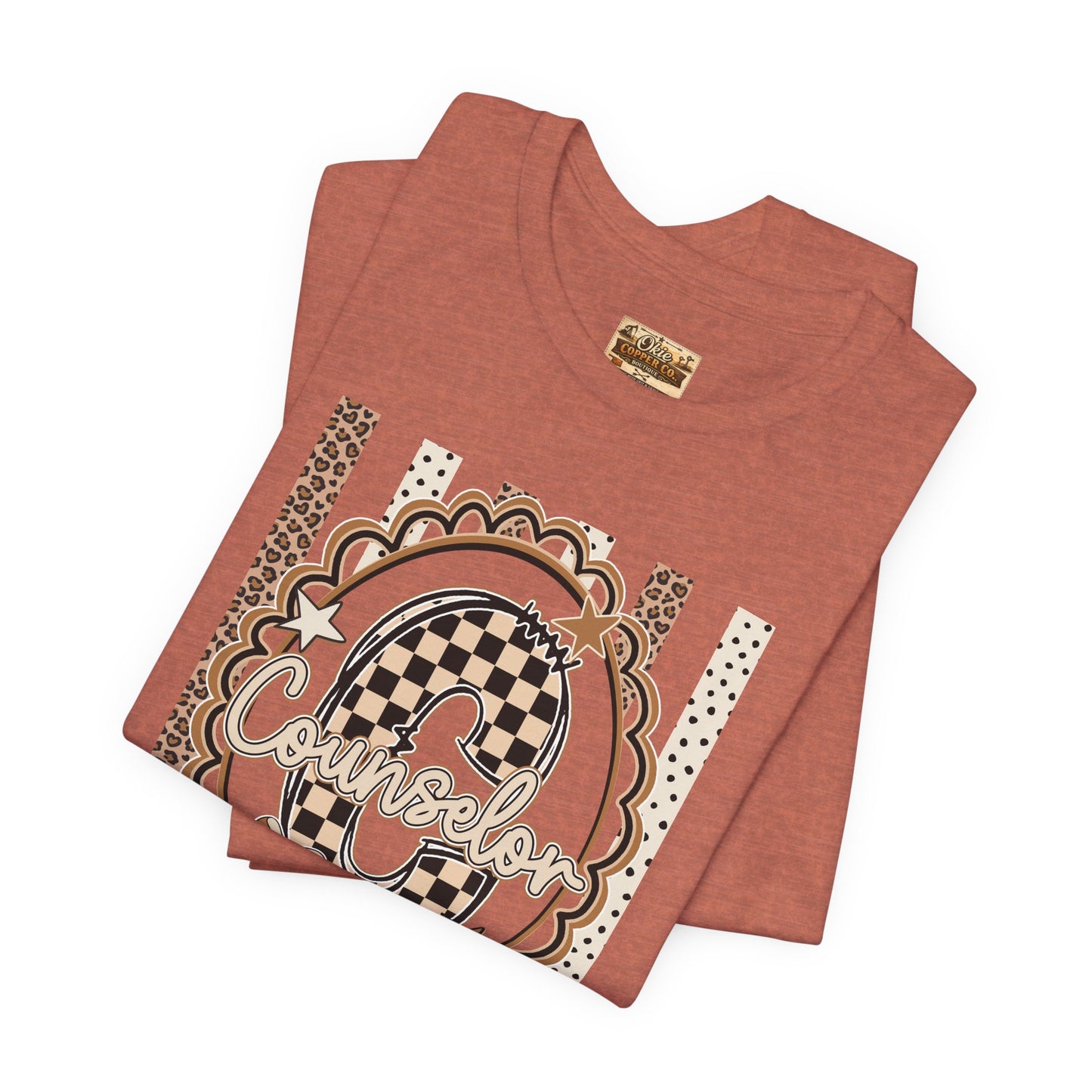 Counselor Tee — Retro Checkerboard & Leopard Print Graphic T-Shirt