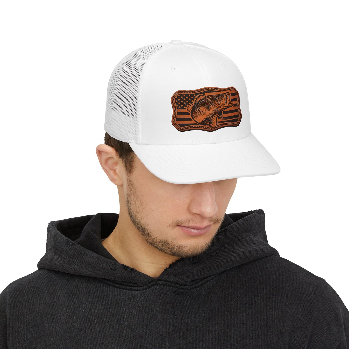 Trucker Hat — Leather Patch Bass Flag Design