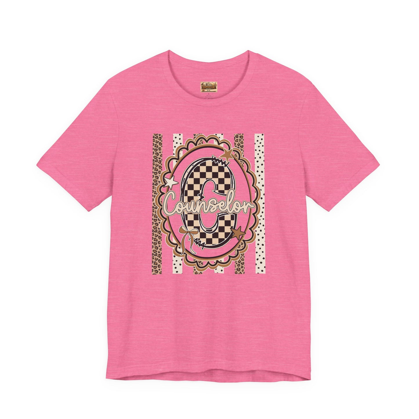 Counselor Tee — Retro Checkerboard & Leopard Print Graphic T-Shirt