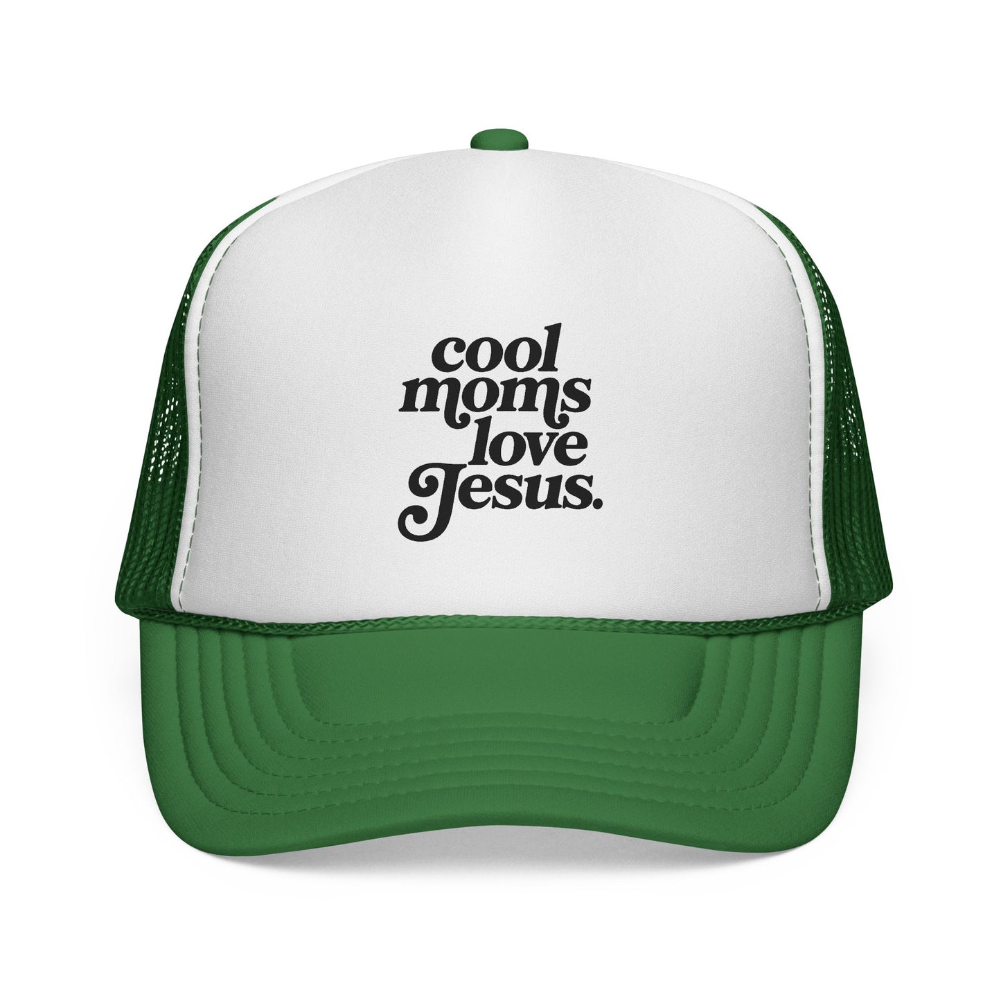 Trucker Cap — "Cool Moms Love Jesus" Retro Script Faith Hat