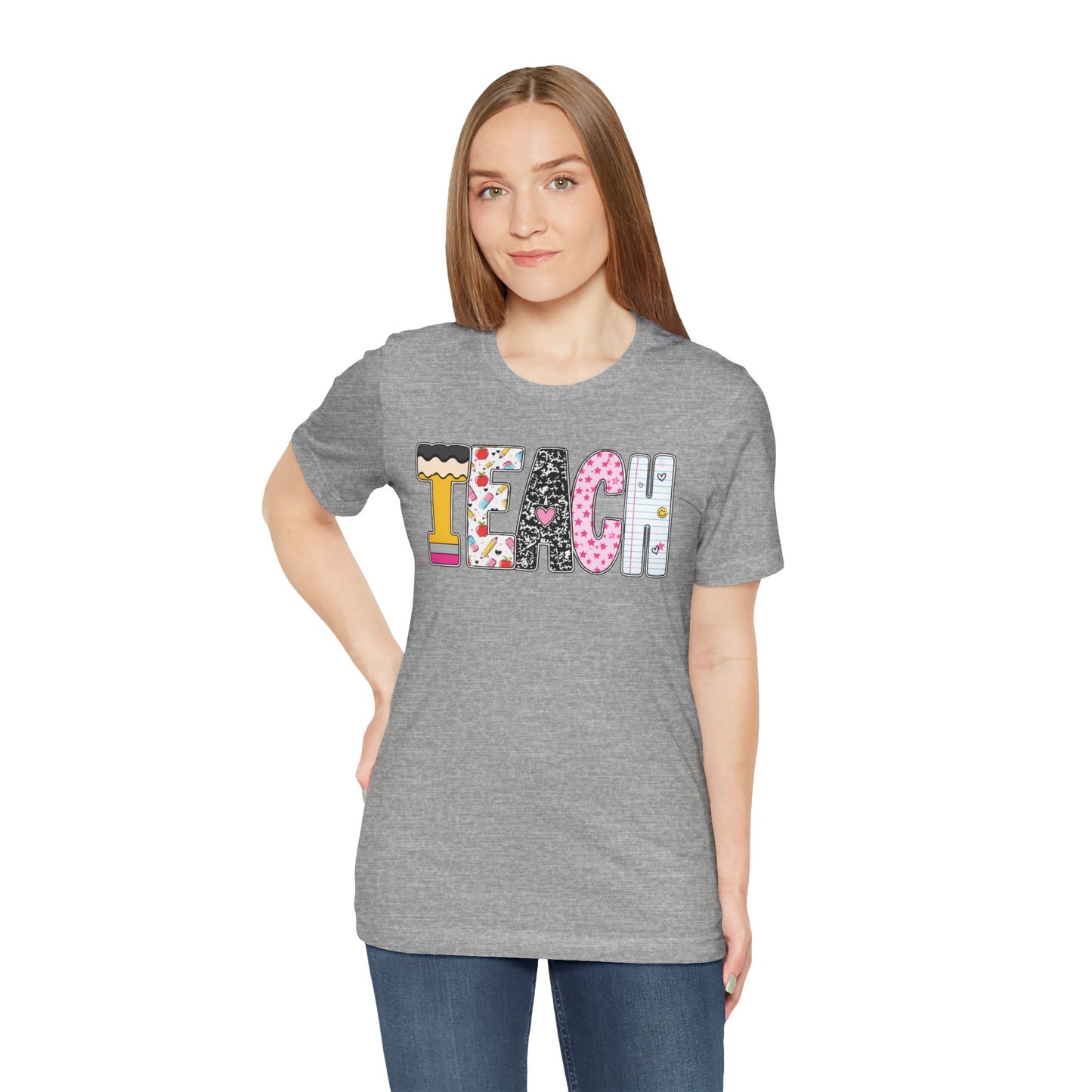 Teach Colorblock Graphic Tee – Cute Patterned Teacher T-Shirt