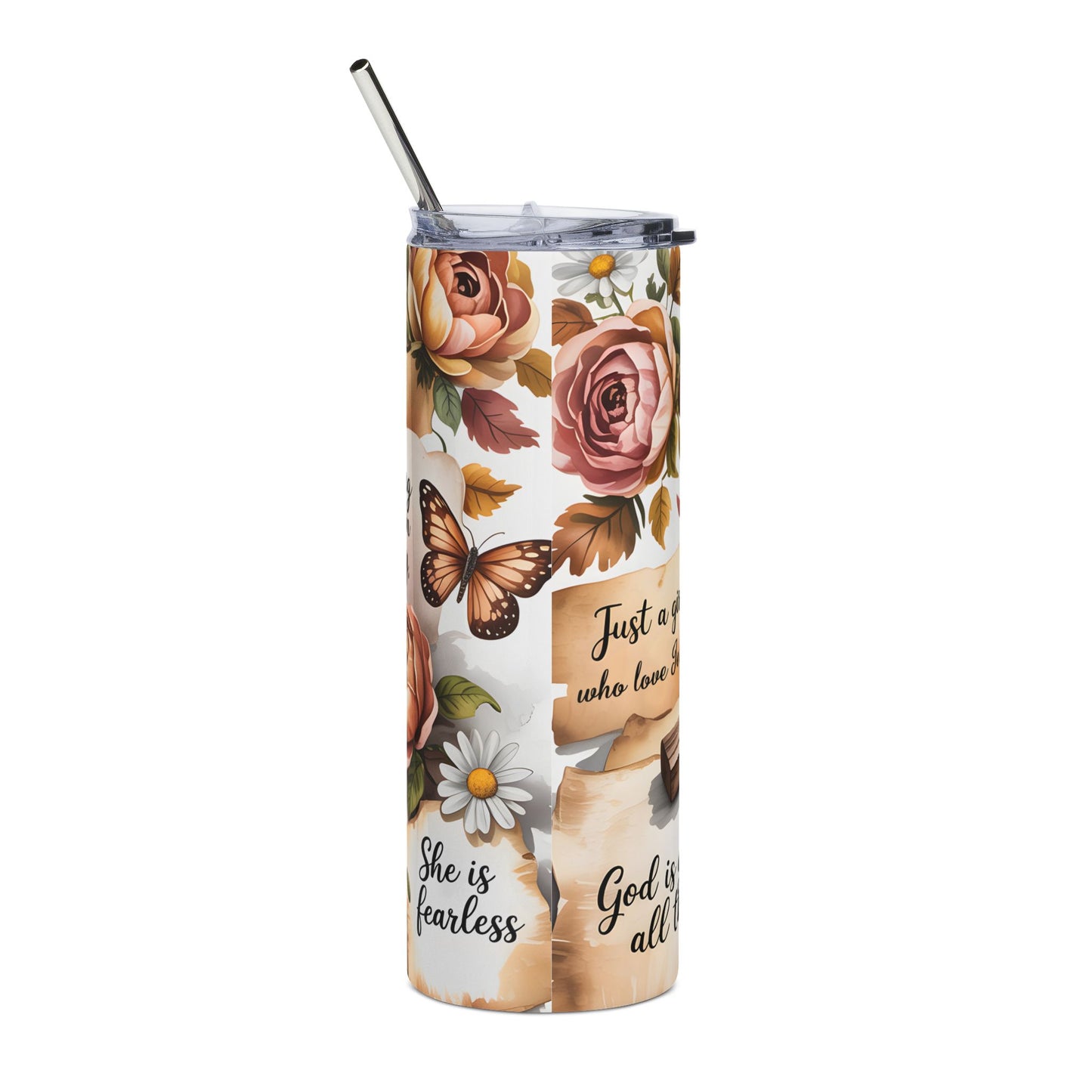 20oz Stainless Steel Tumbler – Floral Cross Christian Scripture "God is good all the time"