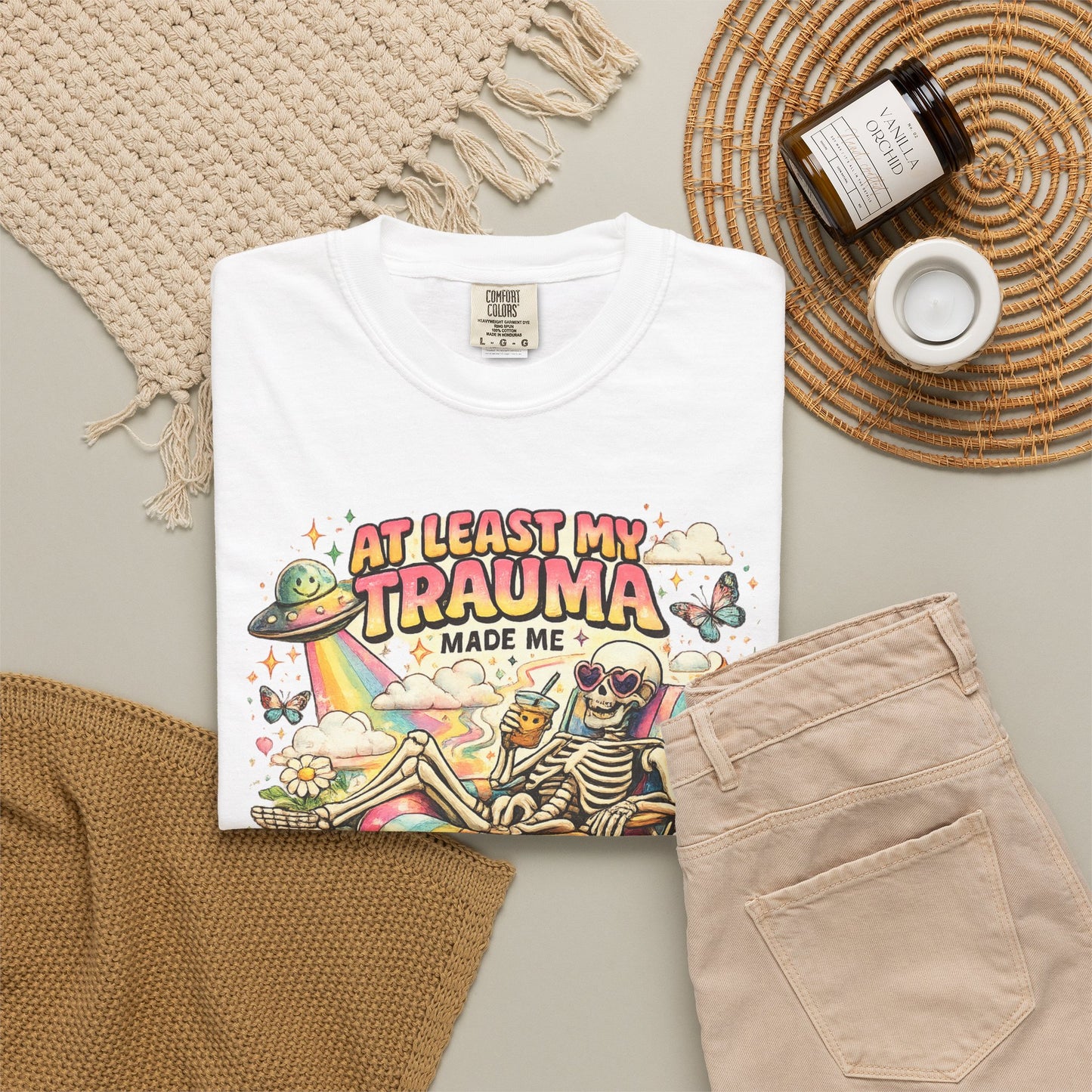 Funny Skeleton Graphic T-Shirt — "At Least My Trauma Made Me Funny"