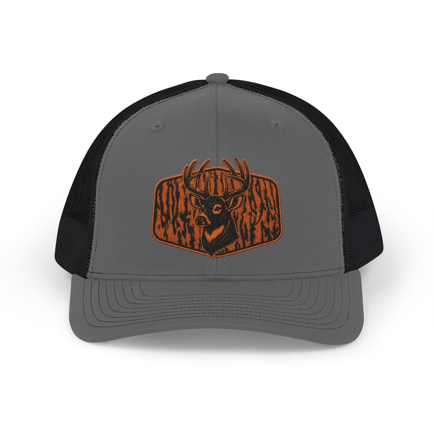 Deer Patch Snapback Trucker Cap — Rustic Woodgrain Buck Emblem