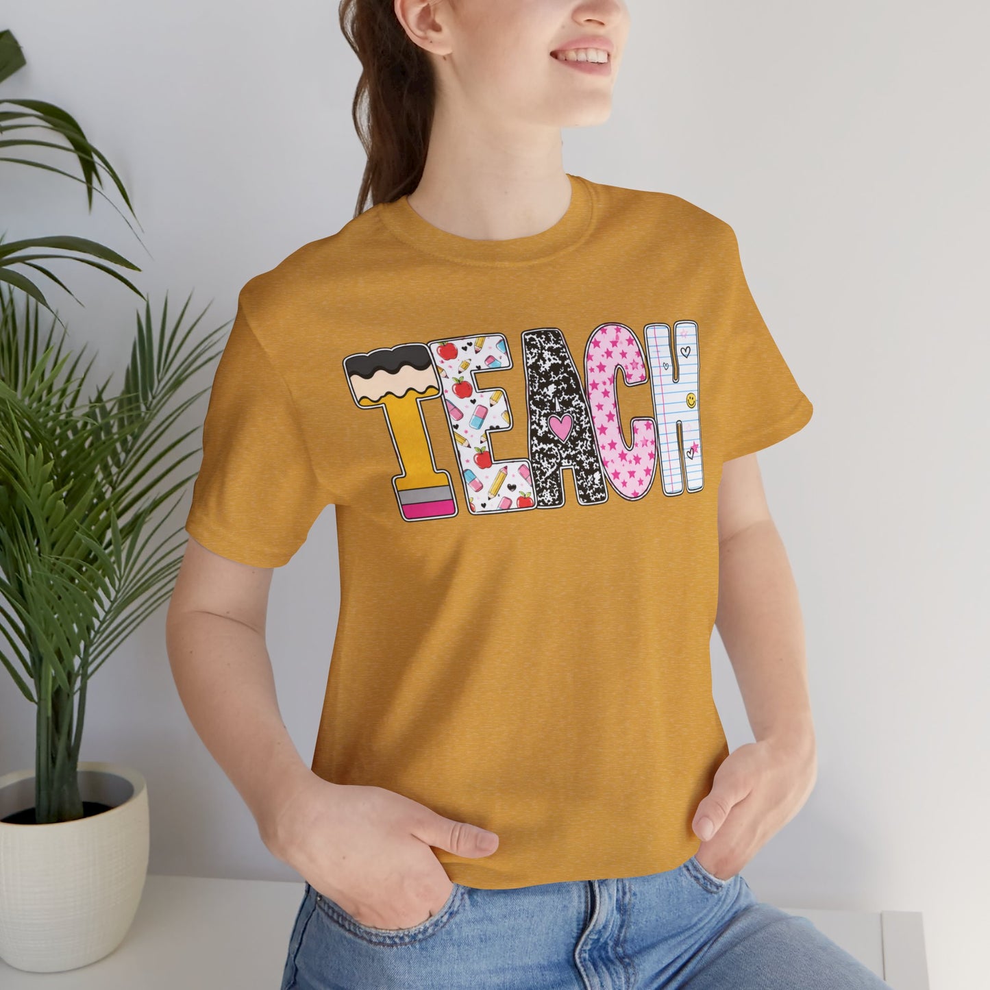 Teach Colorblock Graphic Tee – Cute Patterned Teacher T-Shirt