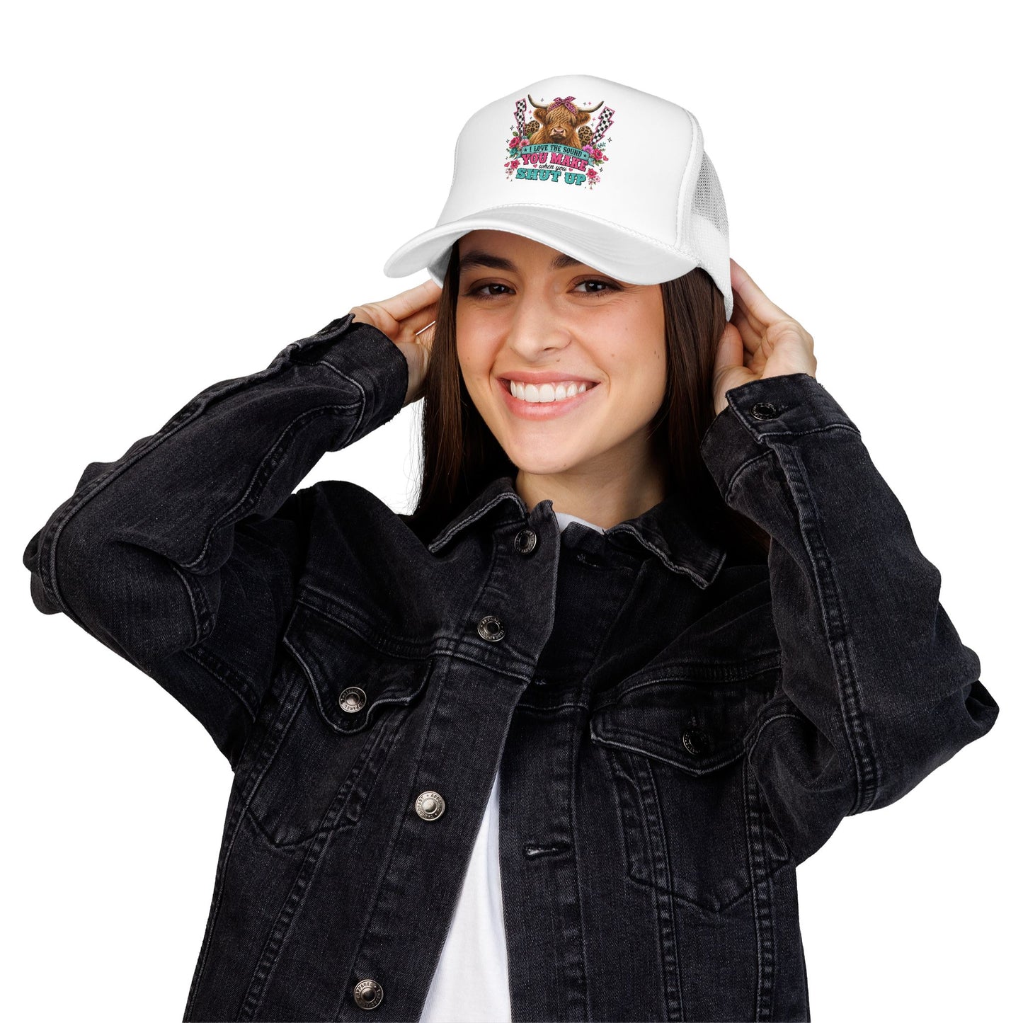 Cow Skull Trucker Hat – “I Love the Sound You Make When You Shut Up” Floral Western Cap