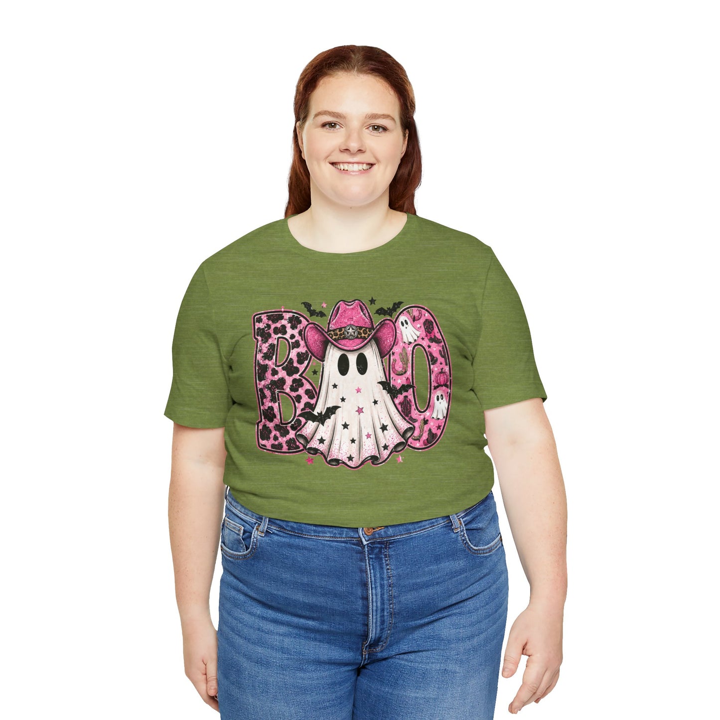 Boo Pink Leopard Ghost Tee — Cute Cowgirl Halloween T-Shirt