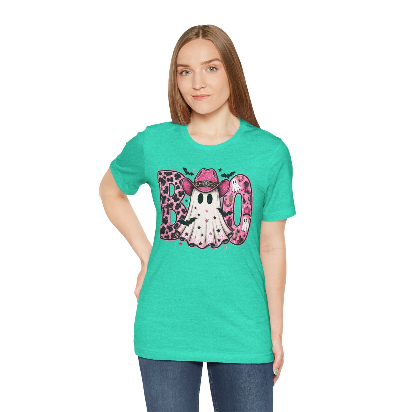 Boo Pink Leopard Ghost Tee — Cute Cowgirl Halloween T-Shirt