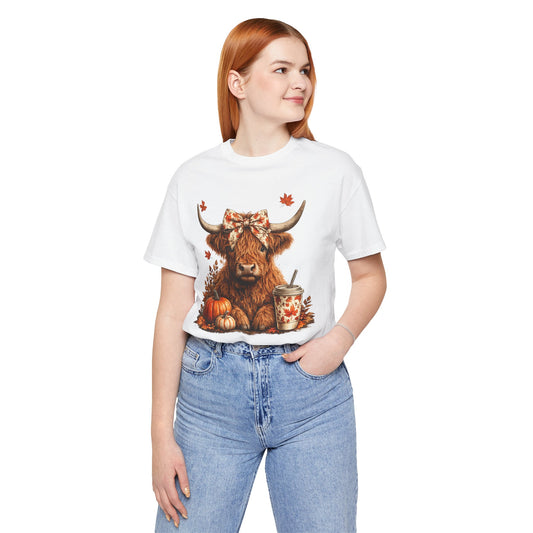 Autumn Highland Cow Tee — Fall Pumpkin Latte Graphic T-Shirt