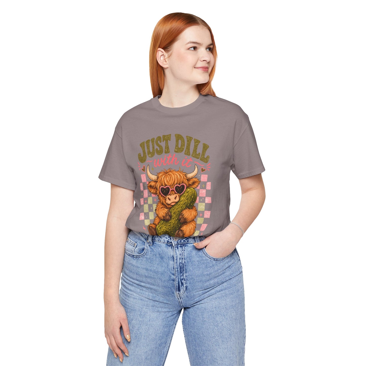 Just Dill With It Tee — Cute Highland Cow Hugging Pickle Graphic T‑Shirt