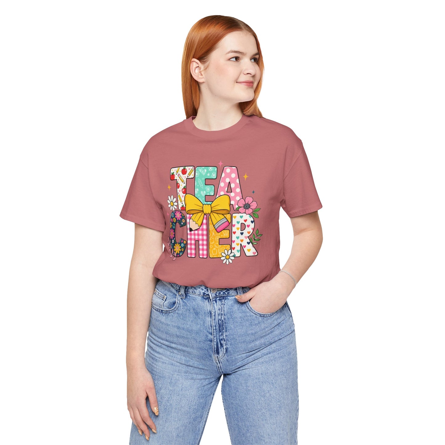 Teacher Floral Bow T-Shirt — Cute 'Teach er' Colorful School Shirt for Teachers
