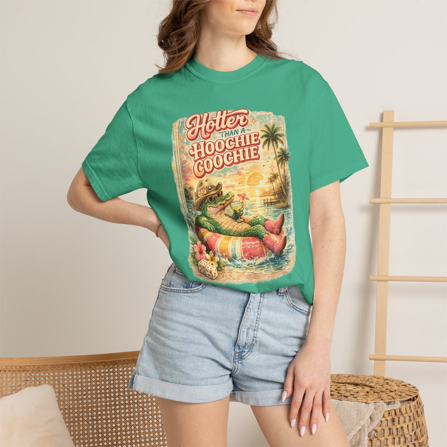 "Hotter Than a Hoochie Coochie" Retro Alligator Beach Graphic