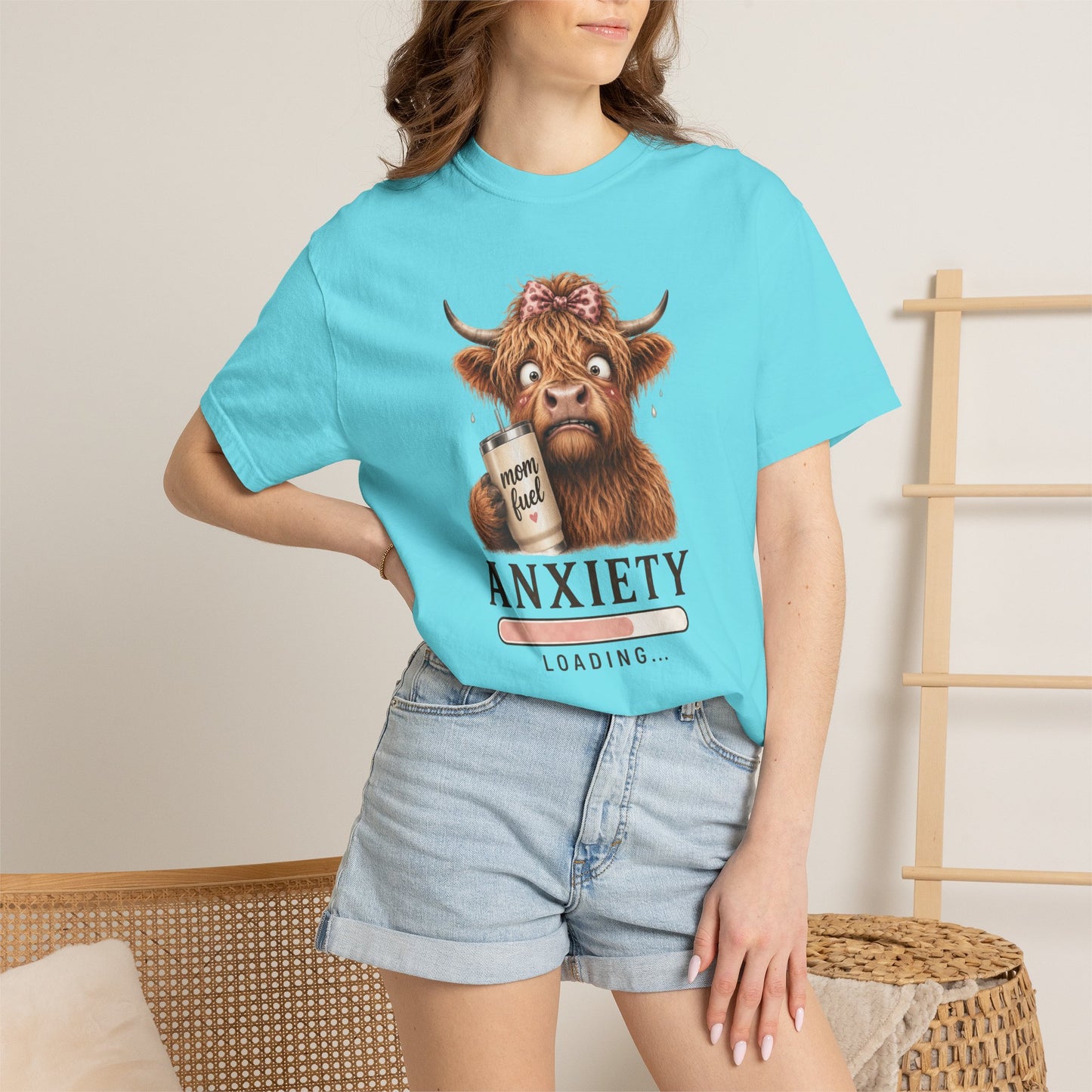 Anxiety Loading T-Shirt — Cute Highland Cow with 'Mom Fuel' Mug
