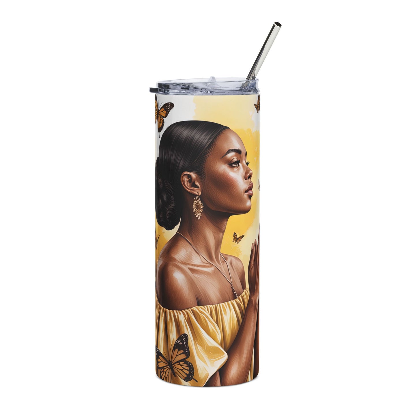 Prayerful Butterfly Stainless Steel Tumbler — "God is within her, she will not fall" 20oz
