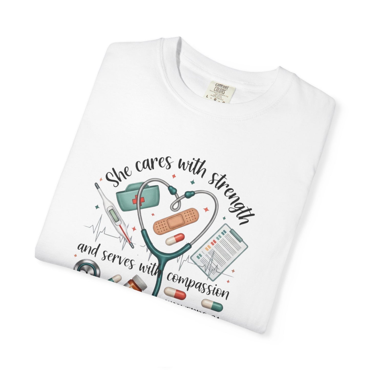 Nurse Heartbeat Graphic T-Shirt — "She Cares with Strength" Psalm 31 Christian Tee