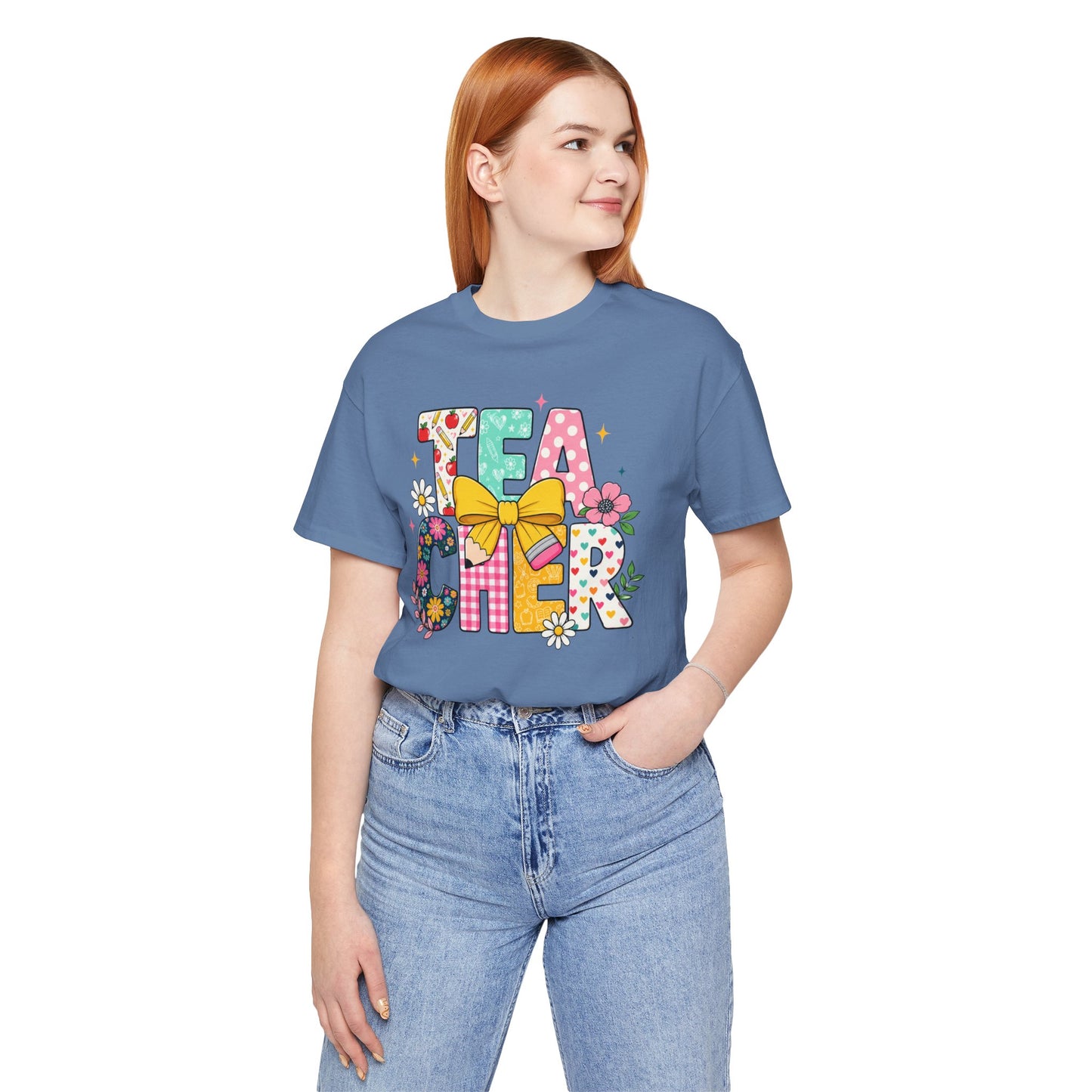 Teacher Floral Bow T-Shirt — Cute 'Teach er' Colorful School Shirt for Teachers