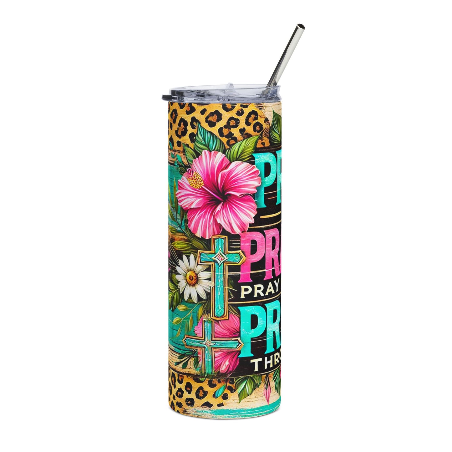 Pray Through It 20oz Stainless Steel Tumbler — Floral Cross Inspirational Travel Cup