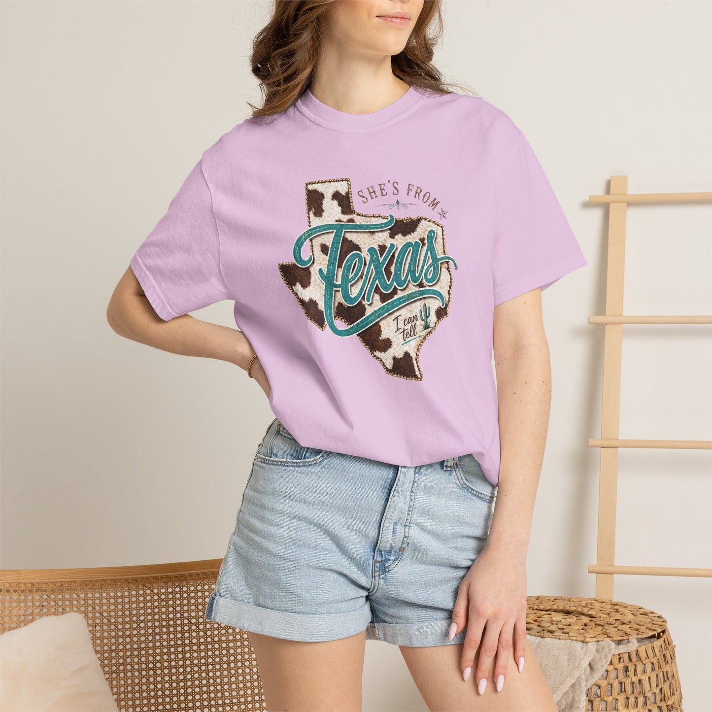 Texas Cowhide Graphic T-Shirt — "She's From Texas" Retro Western Tee
