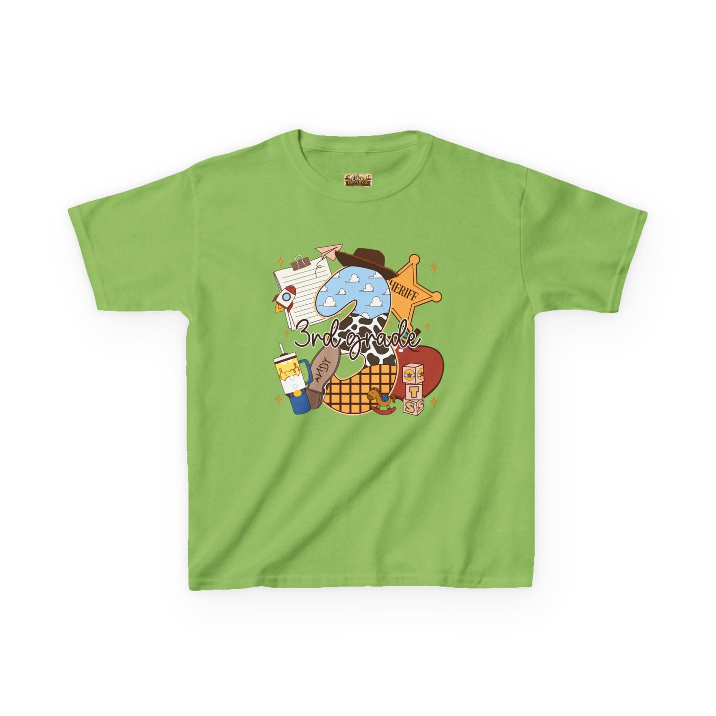 Kids Tee — 3rd Grade School Life Graphic (apple, donut, sheriff star)