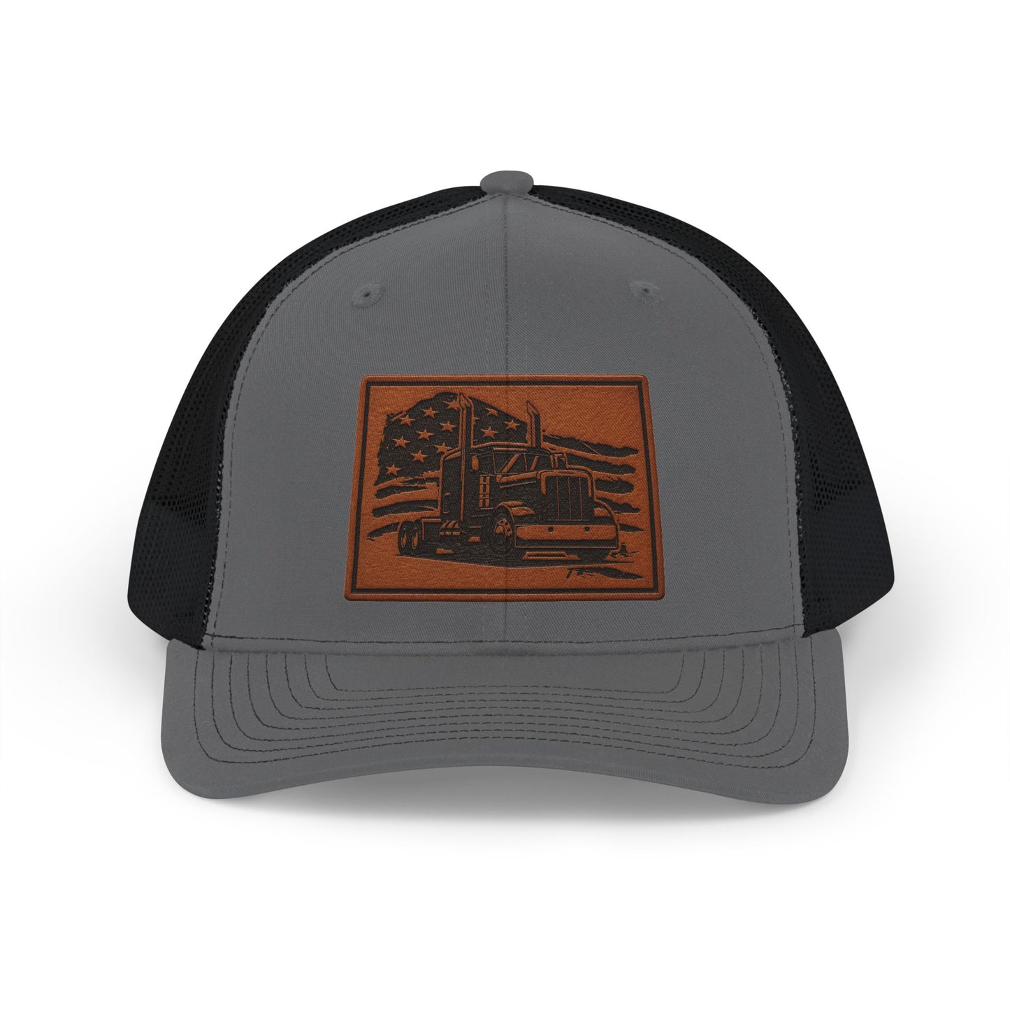 American Flag Semi Truck Leather Patch Snapback Trucker Cap