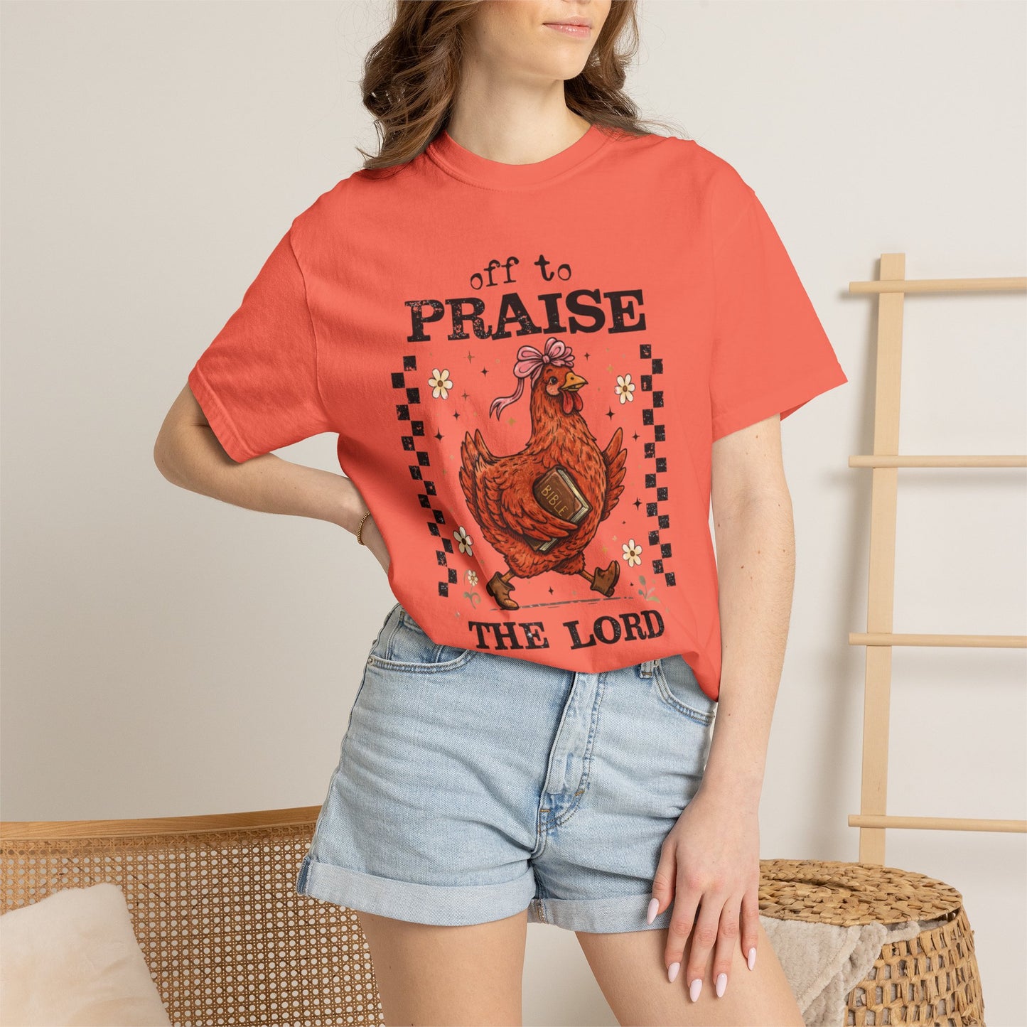 Praise the Lord Chicken T-Shirt — 'Off to Praise the Lord' Vintage Farmhouse Tee
