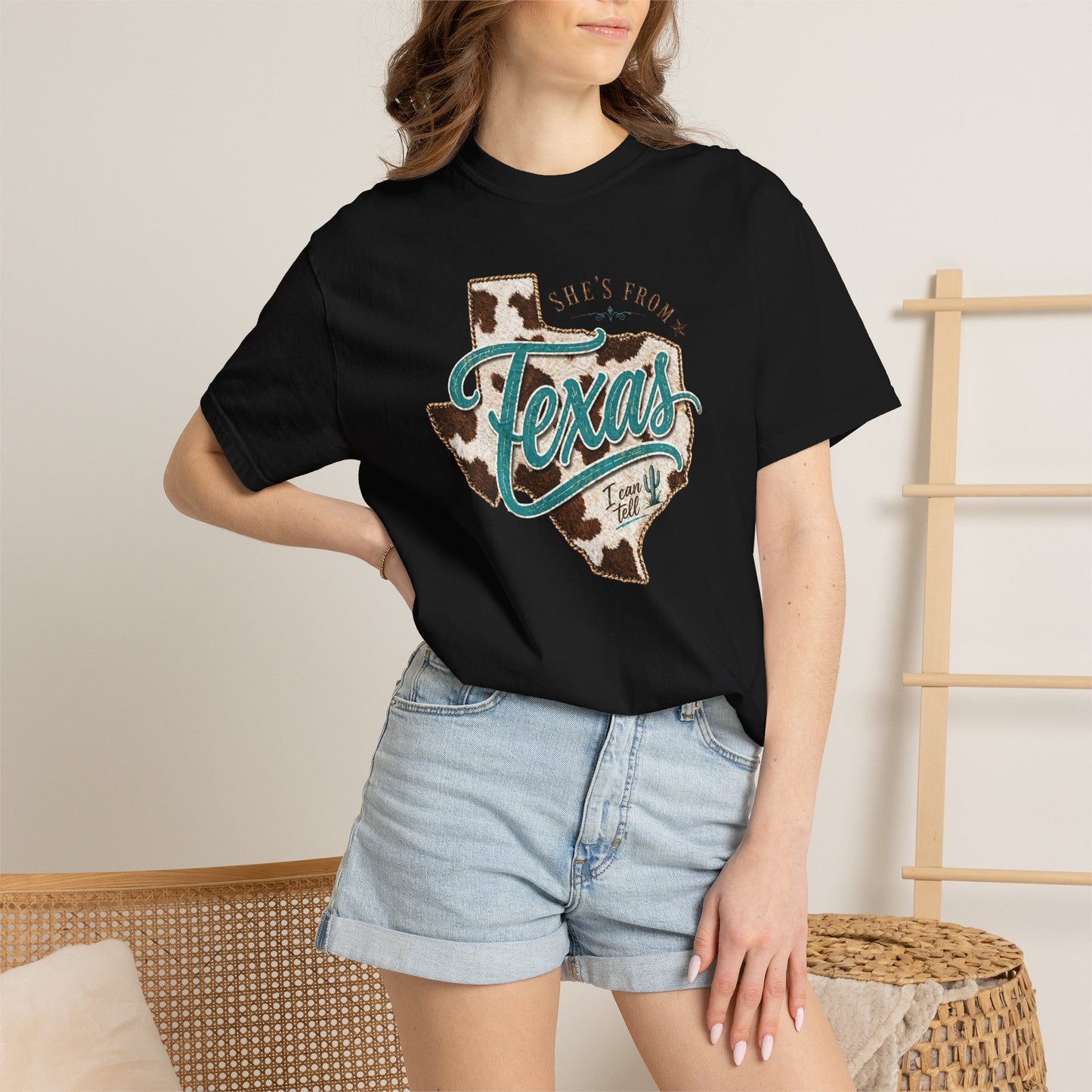 Texas Cowhide Graphic T-Shirt — "She's From Texas" Retro Western Tee