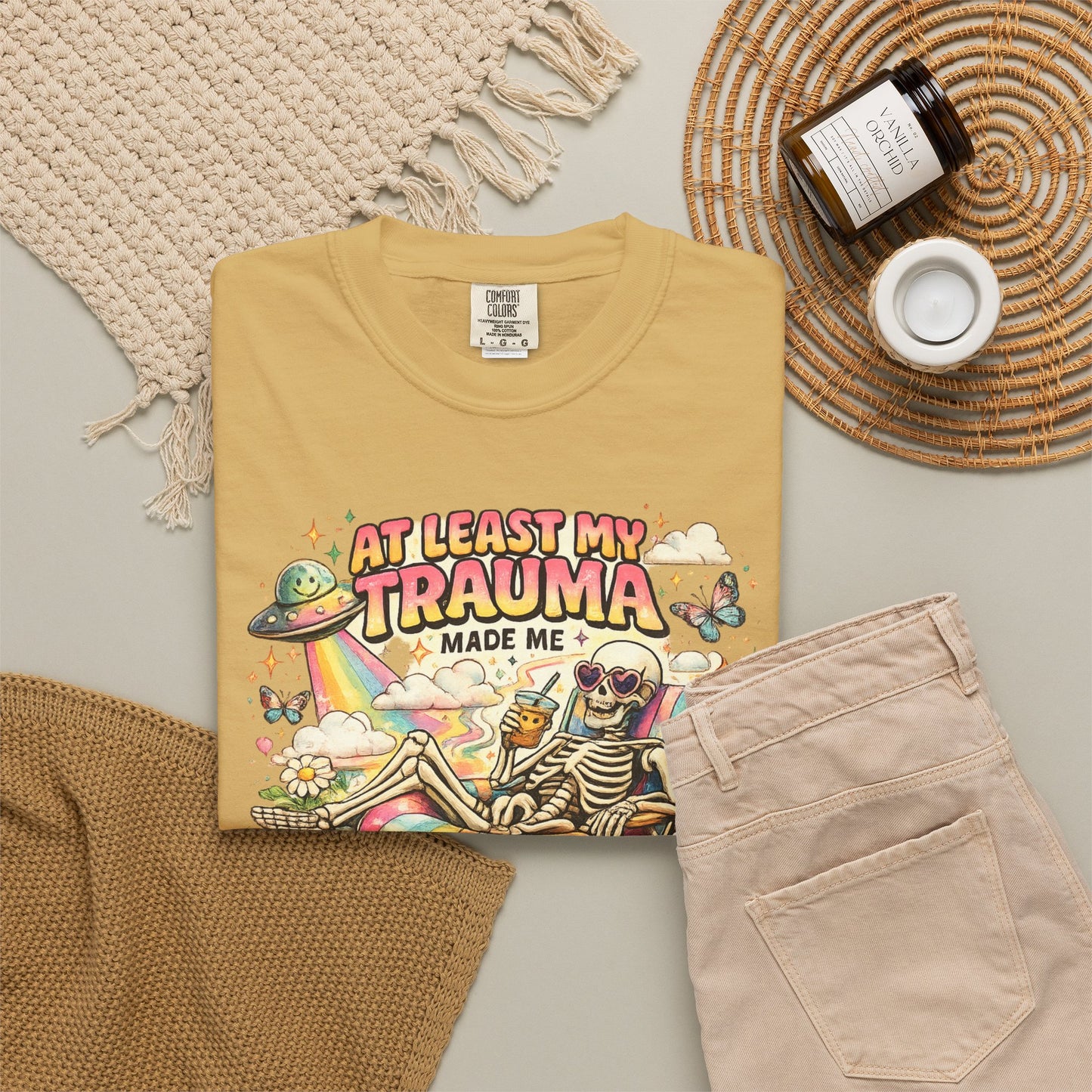 Funny Skeleton Graphic T-Shirt — "At Least My Trauma Made Me Funny"