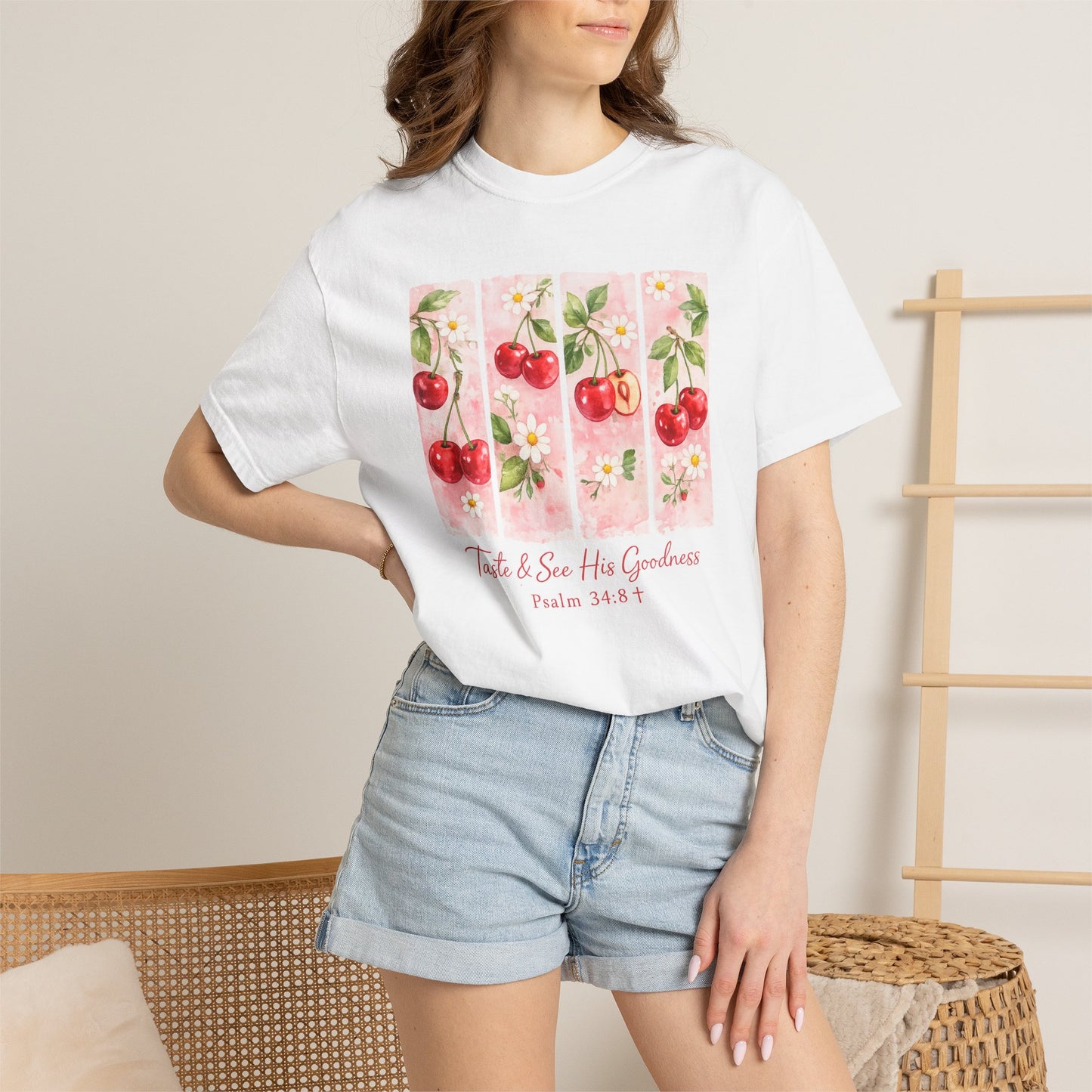 T-Shirt — "Taste & See His Goodness" Cherry Scripture Tee (Psalm 34:8)