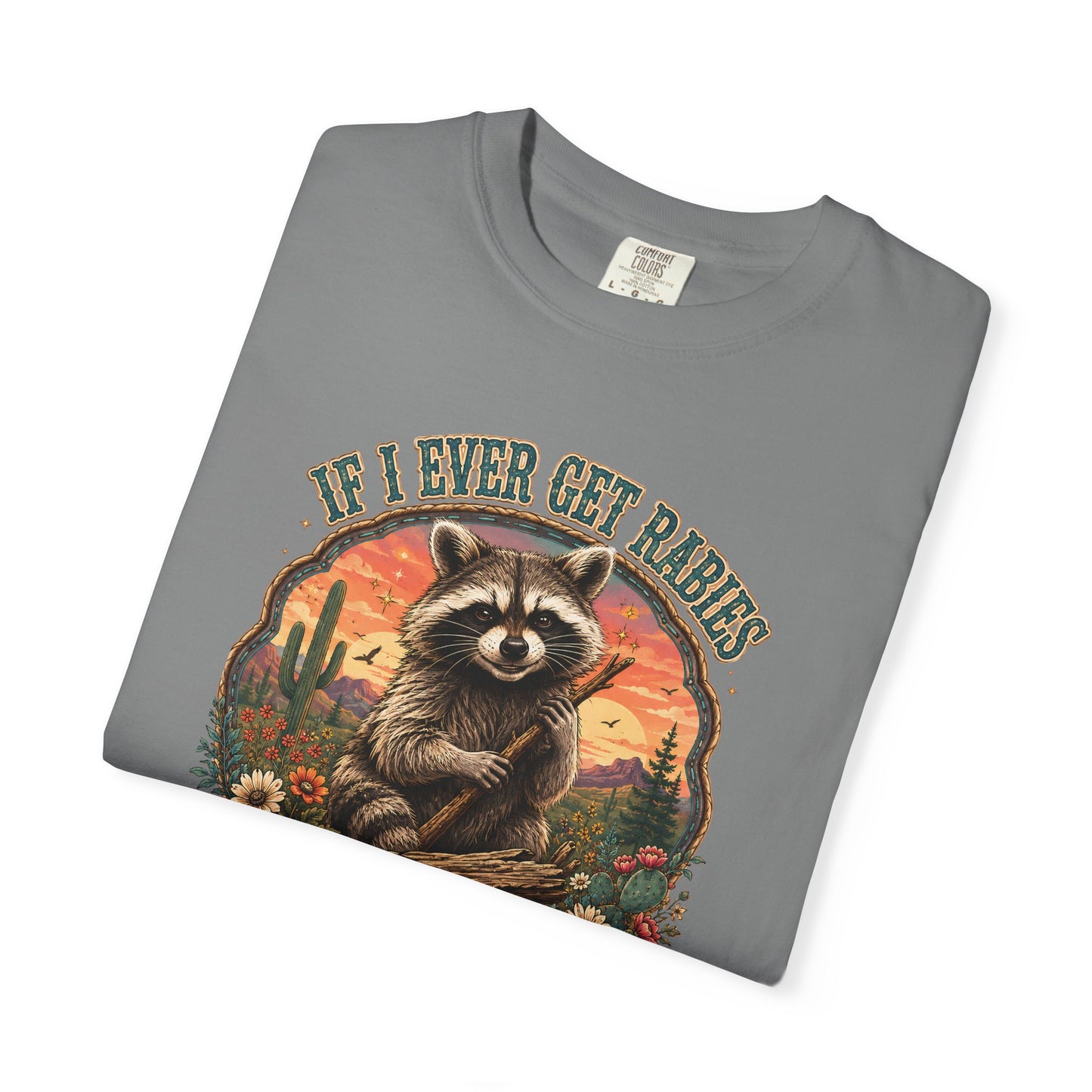 Raccoon Sunset T‑Shirt — “If I Ever Get Riches You’re High On My Bitin’ List” Funny Retro Graphic Tee